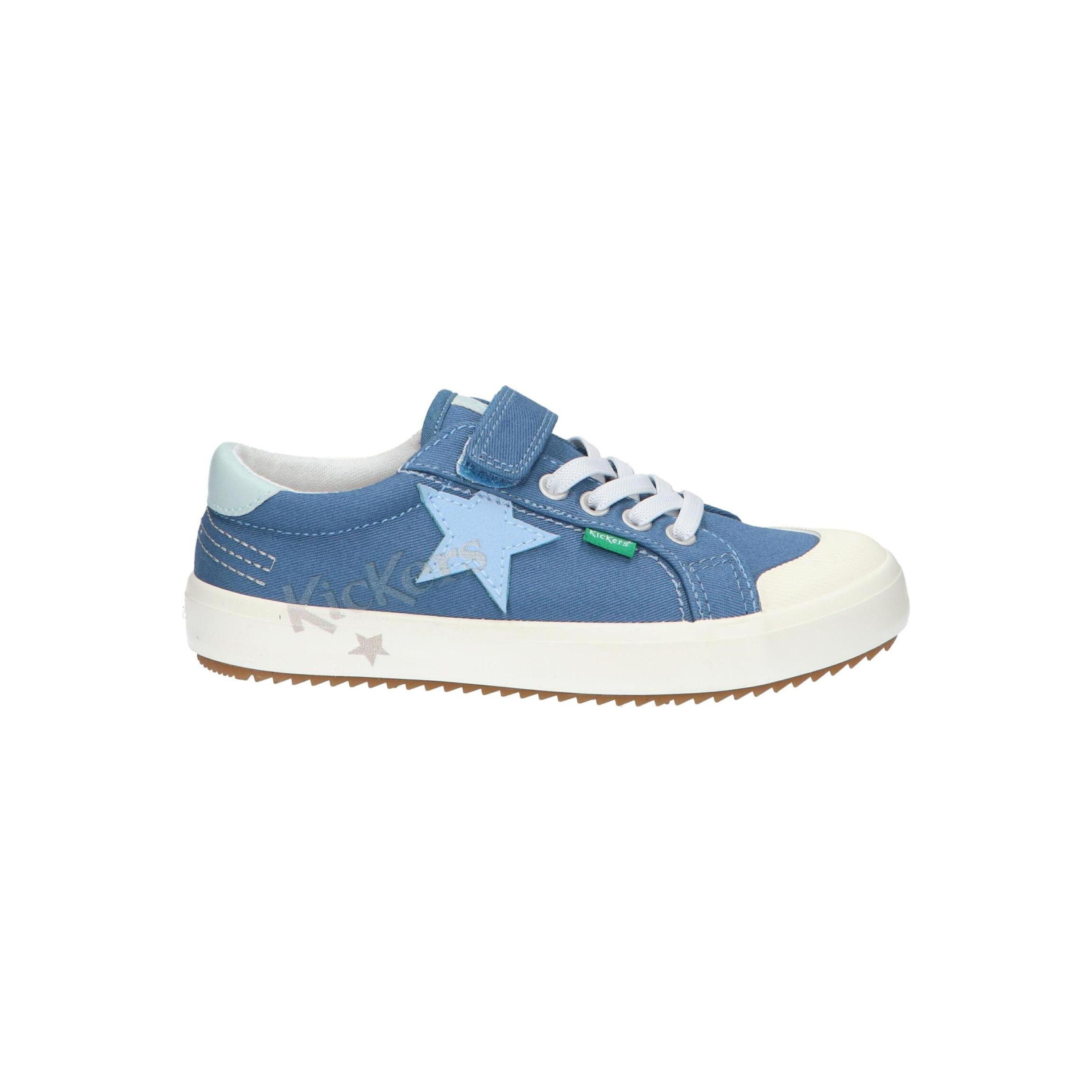 Kickers casual sneakers for girls in blue with durable canvas upper, textile lining, and adjustable lace and Velcro closure, perfect for spring-summer casual wear and active play, stylish and comfortable girl sneakers.