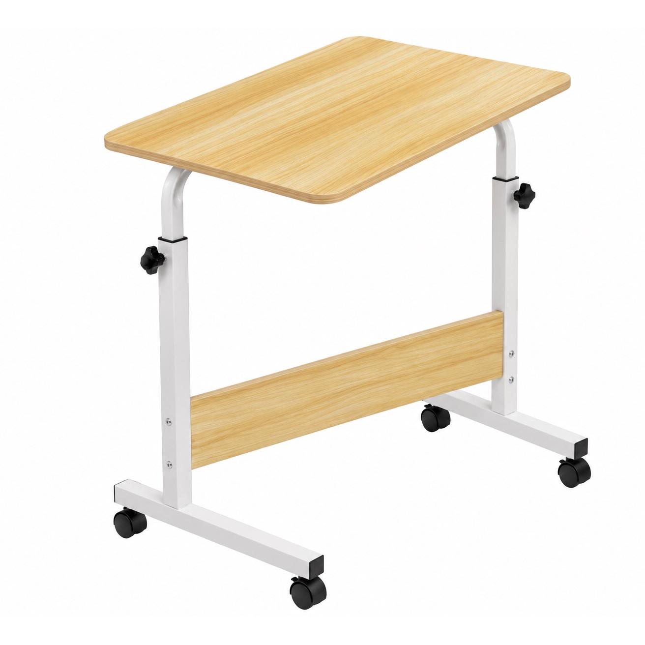 LIVING - Mesa de escritorio regulable de madera y estructura blanca para trabajo, estudio o uso con portátil, altura ajustable 65-89 cm, ruedas incluidas, ideal salón o dormitorio