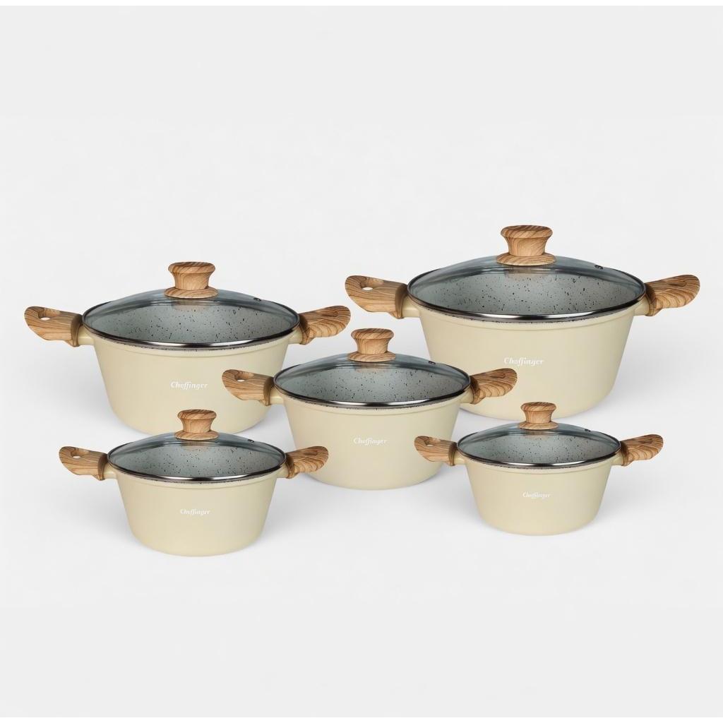 Set 5 Ollas Cheffinger con Tapa de Cristal | 20-28 cm (2,1L–5,8L) | Antiadherentes | Aptas Inducción y Todo Tipo de Cocinas