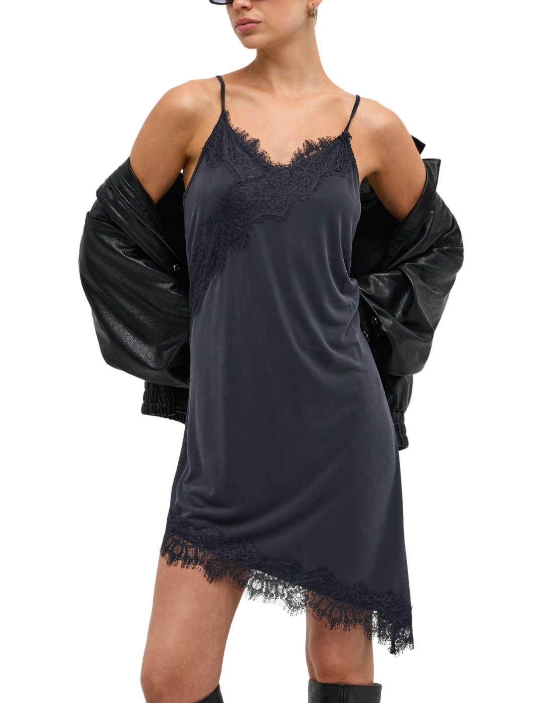 Vestido Only Free negro lencero encaje asimétrico de mujer