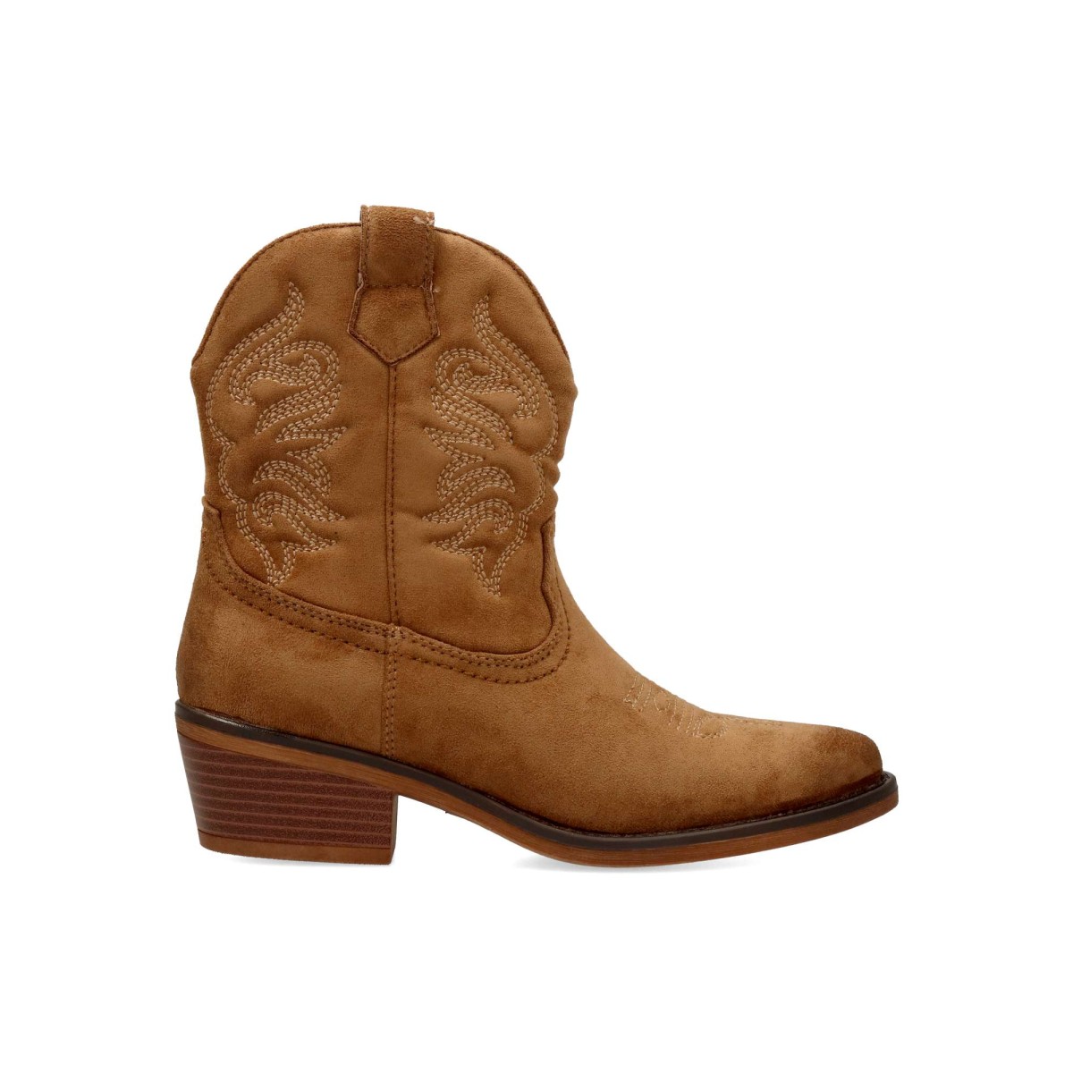 Vanessa Calzados - Botines cowboy mujer de antelina aterciopelada con cierre cremallera y bordado en caña, color camel elegantes