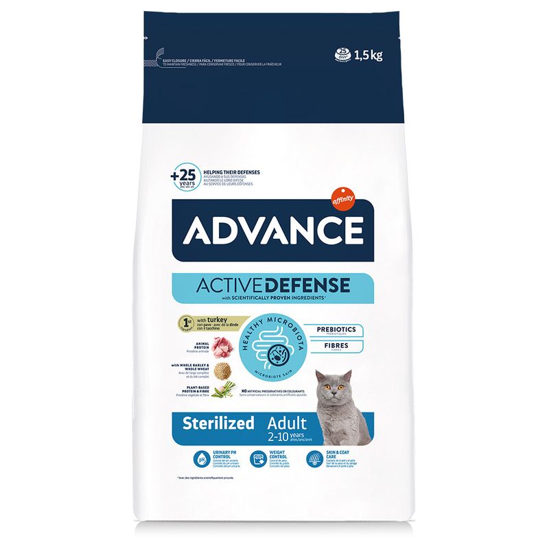 Advance – Pienso para gatos adultos esterilizados Advance Sterilized pavo y cebada. 1,5 Kg