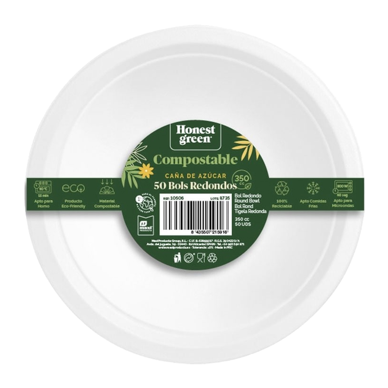 Bol desechable compostable 350 ml Honest Green 25 ud x 10 packs. Total 250 ud.