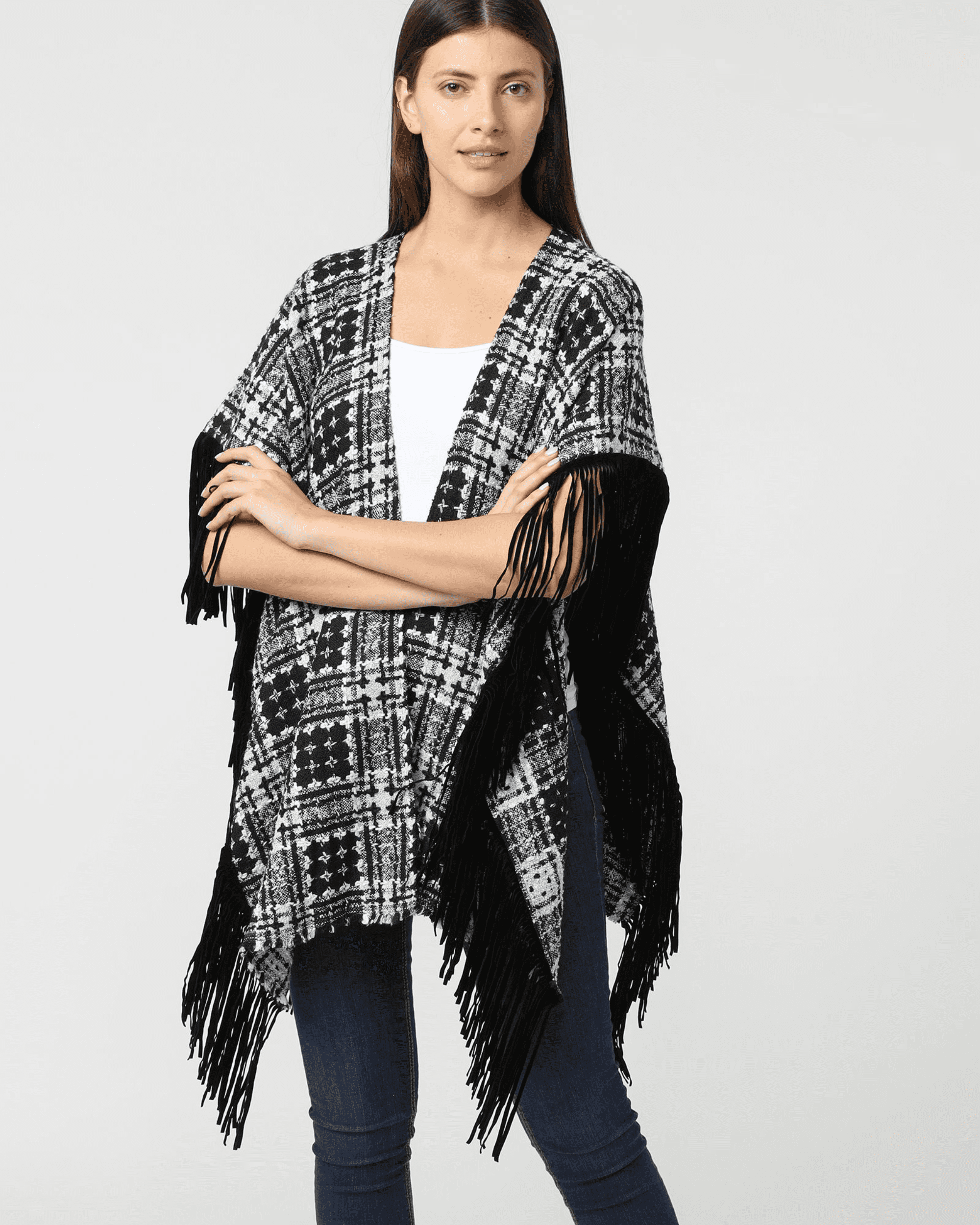 Poncho punto flecos efecto aterciopelado mujer – SENSE
