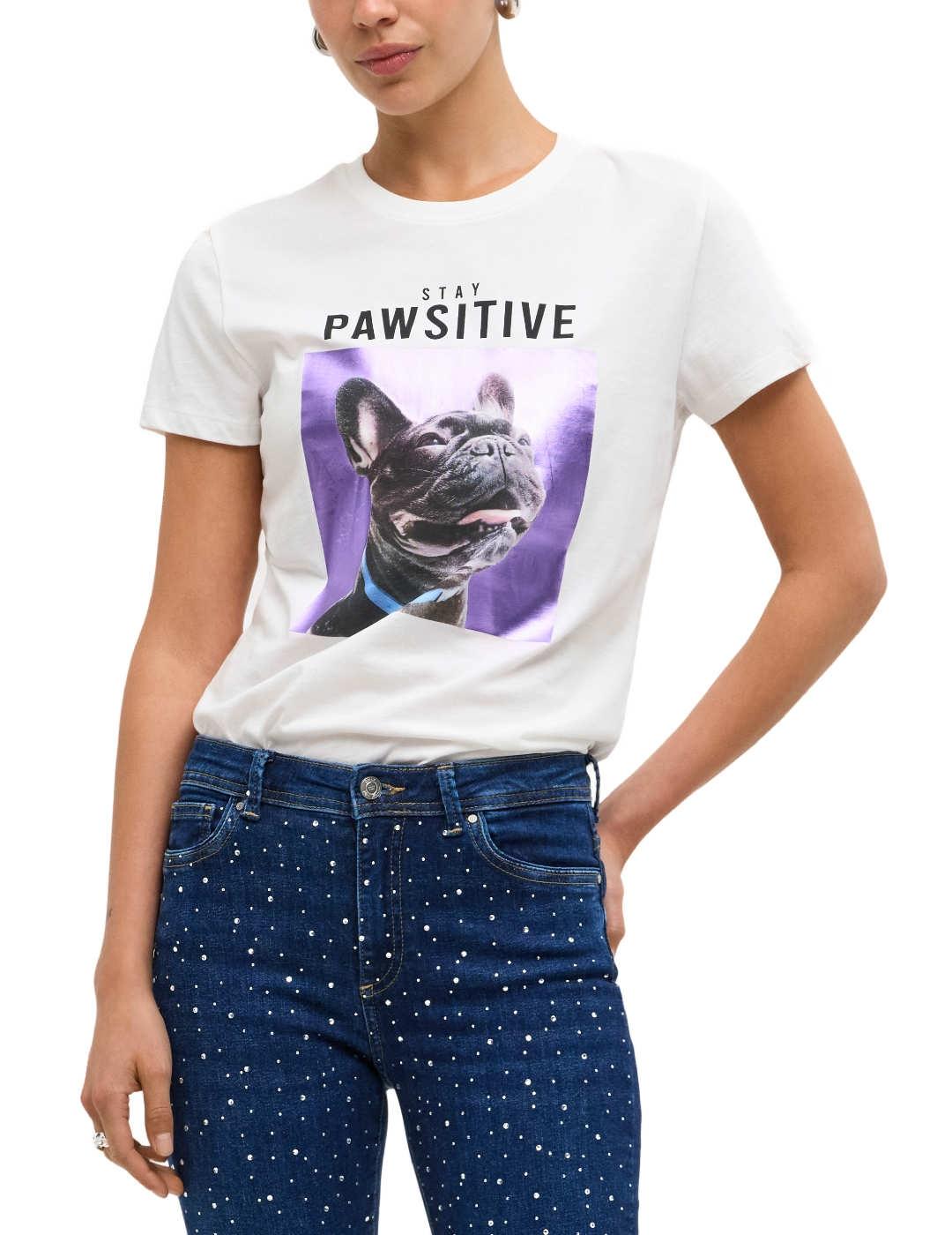 Camiseta Only Vibe blanca morada perro manga corta mujer