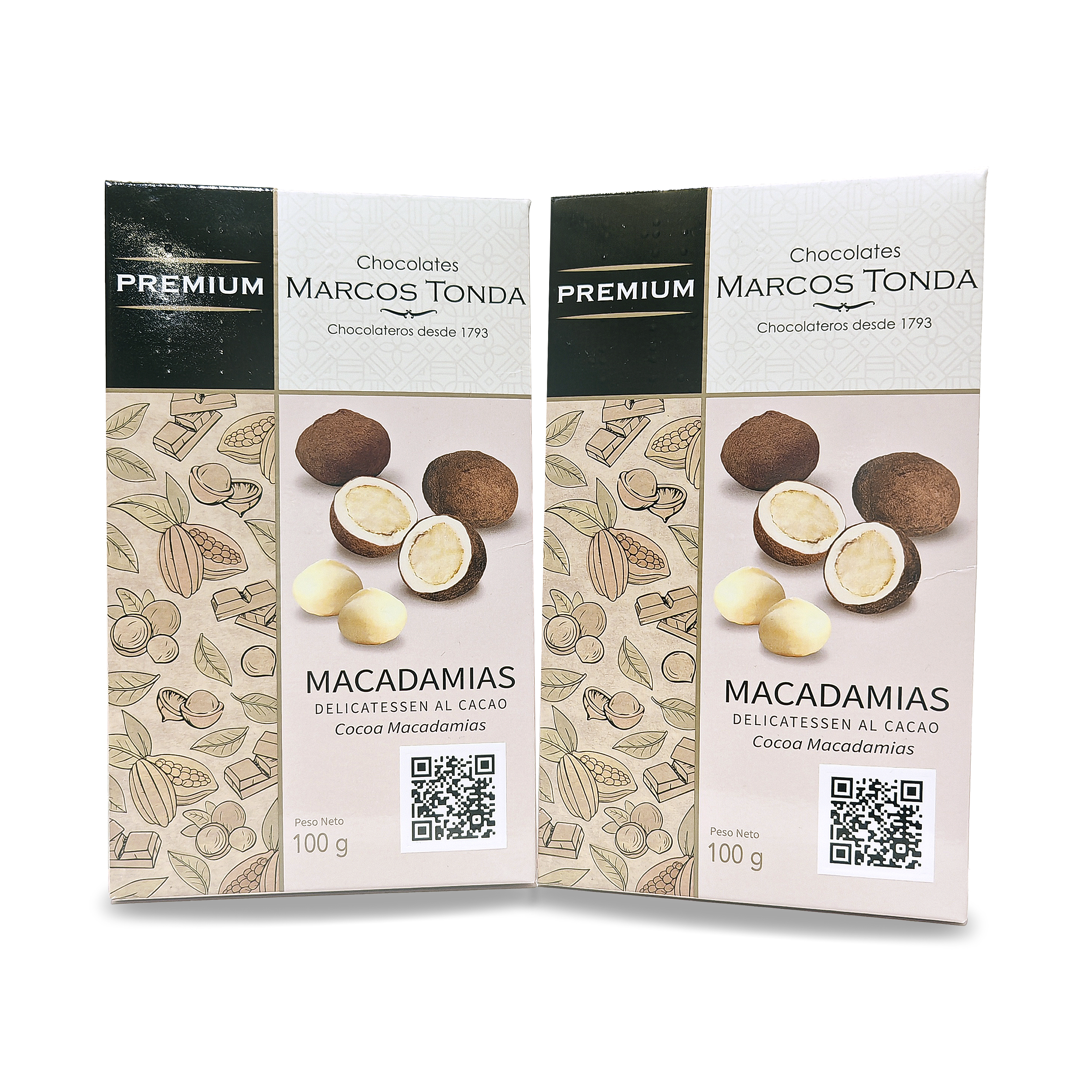 Macadamias delicatessen al cacao de Chocolates Marcos Tonda (Pack de 2 unidades de 100g)