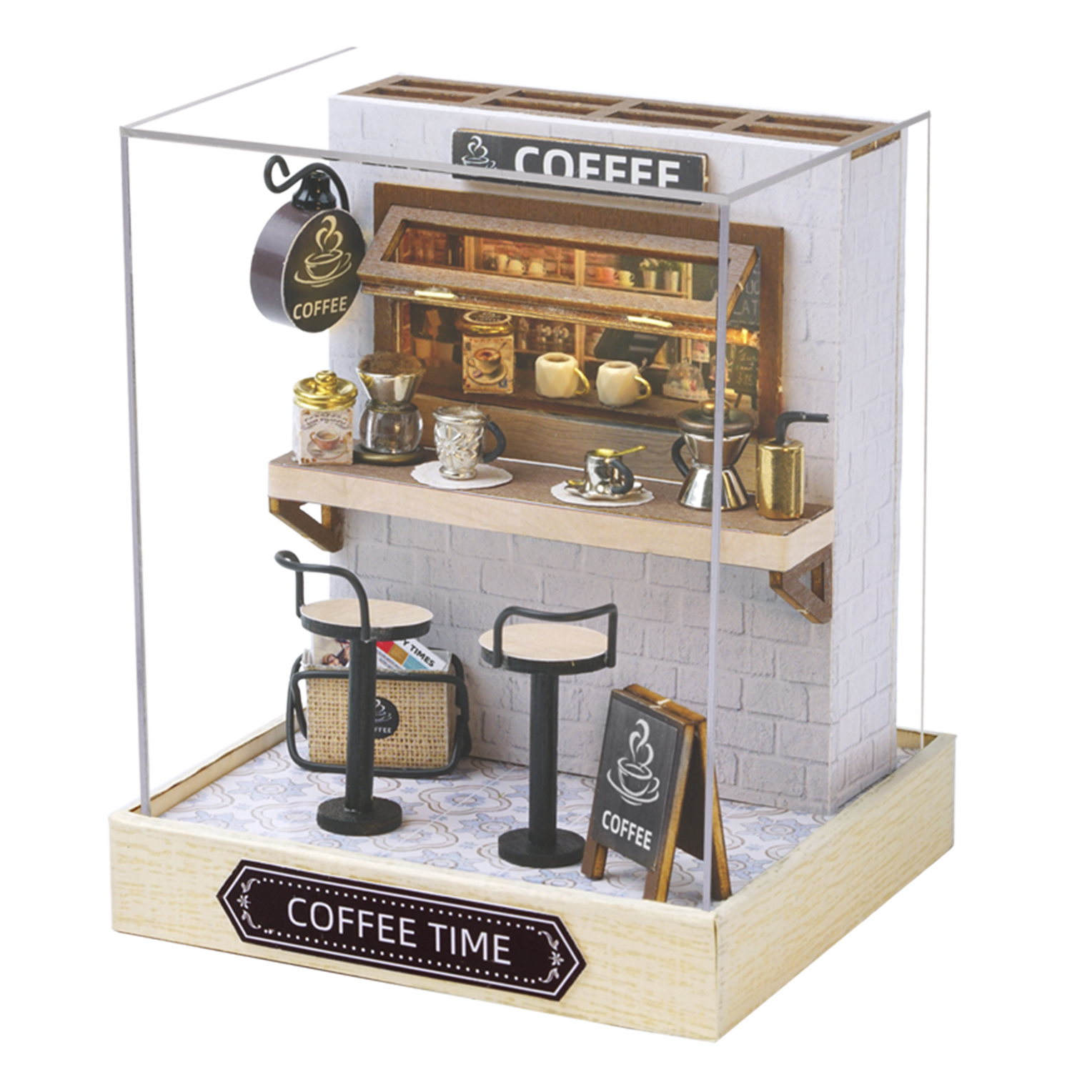 DAM. Colección Rincón de la felicidad, Tiempo de Café. Maqueta 3D realista con gran detalle, cubierta antipolvo y luces led. 9x9x12cm.