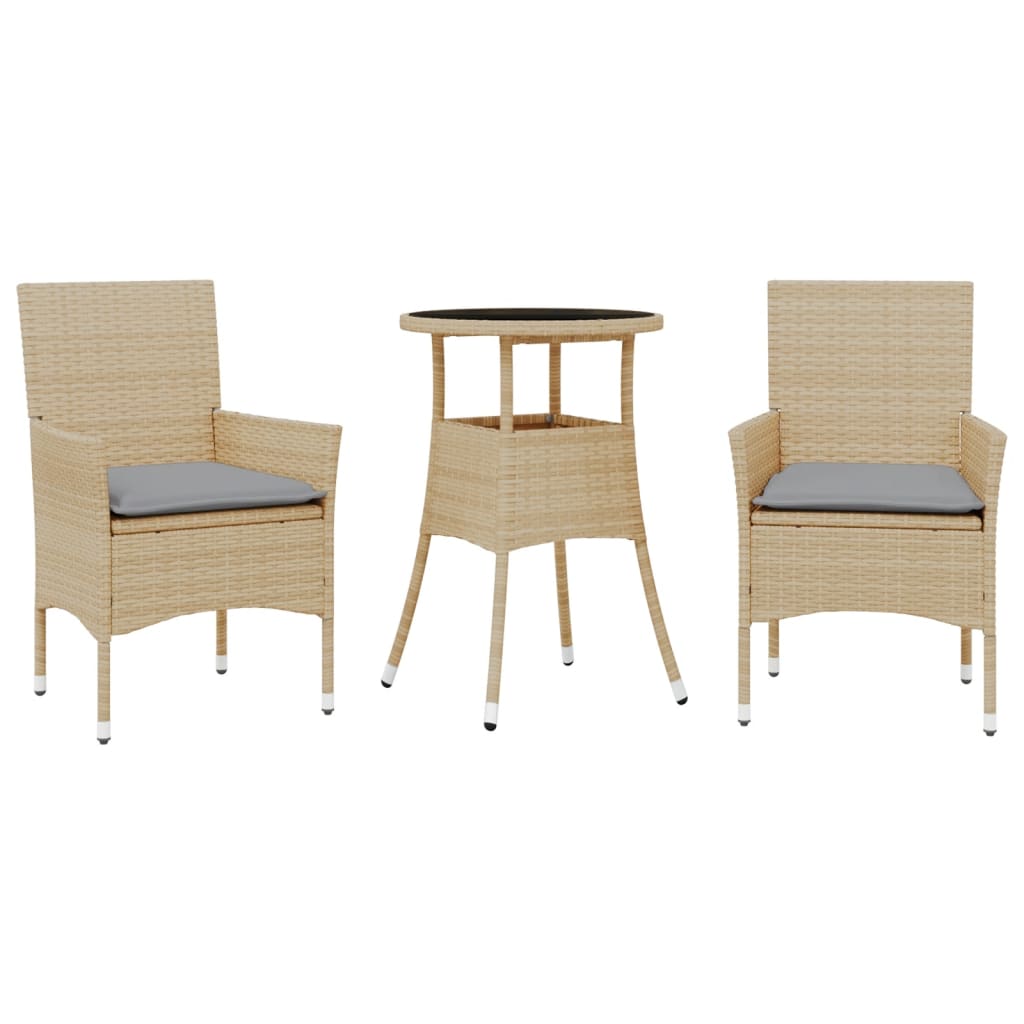 vidaXL Set comedor jardín 3 pzas cojines ratán sintético vidrio beige