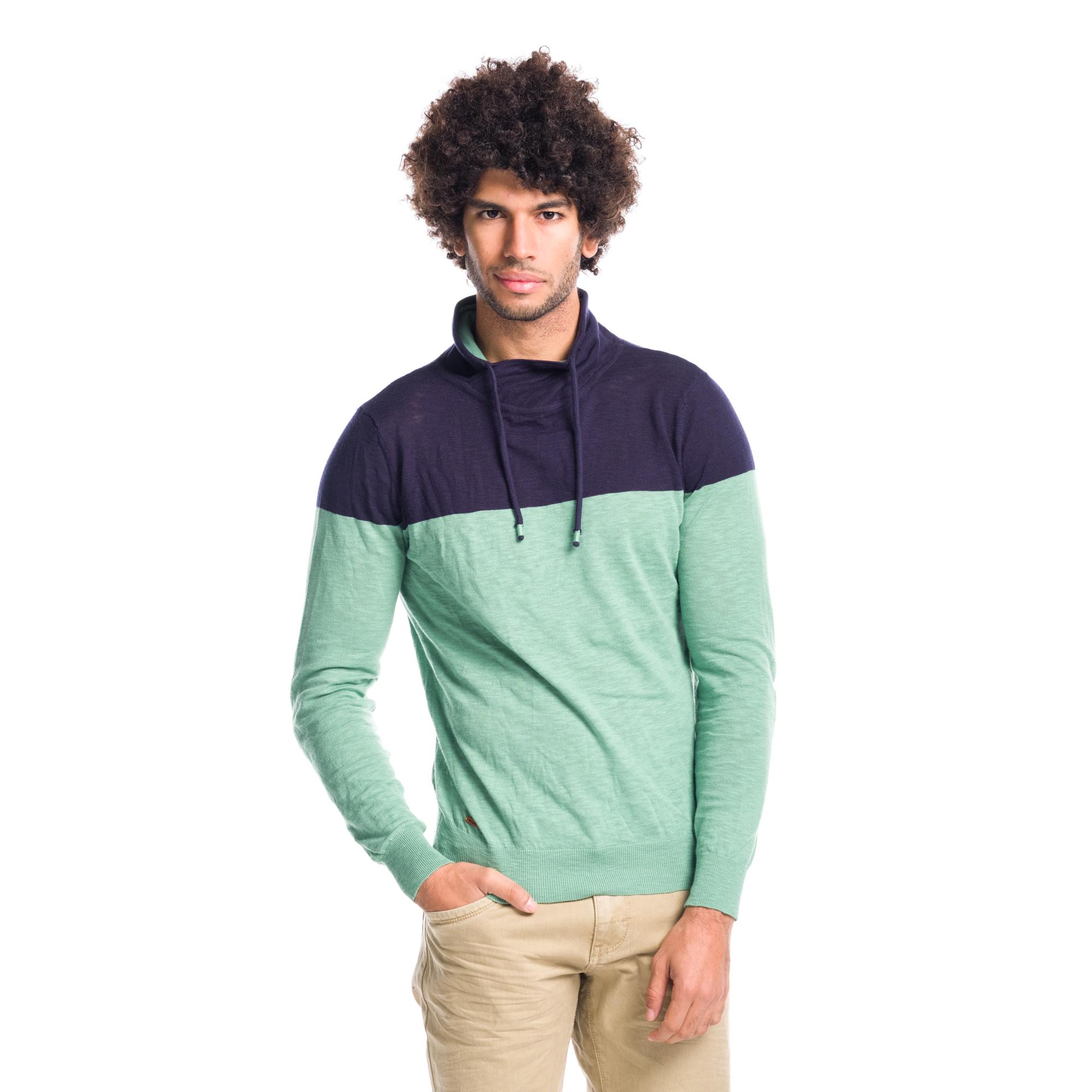 Koroshi - Jersey de punto fino para hombre con cuello chimenea ajustable y contraste de color, 100% algodón, ideal para looks urbanos de entretiempo e invierno