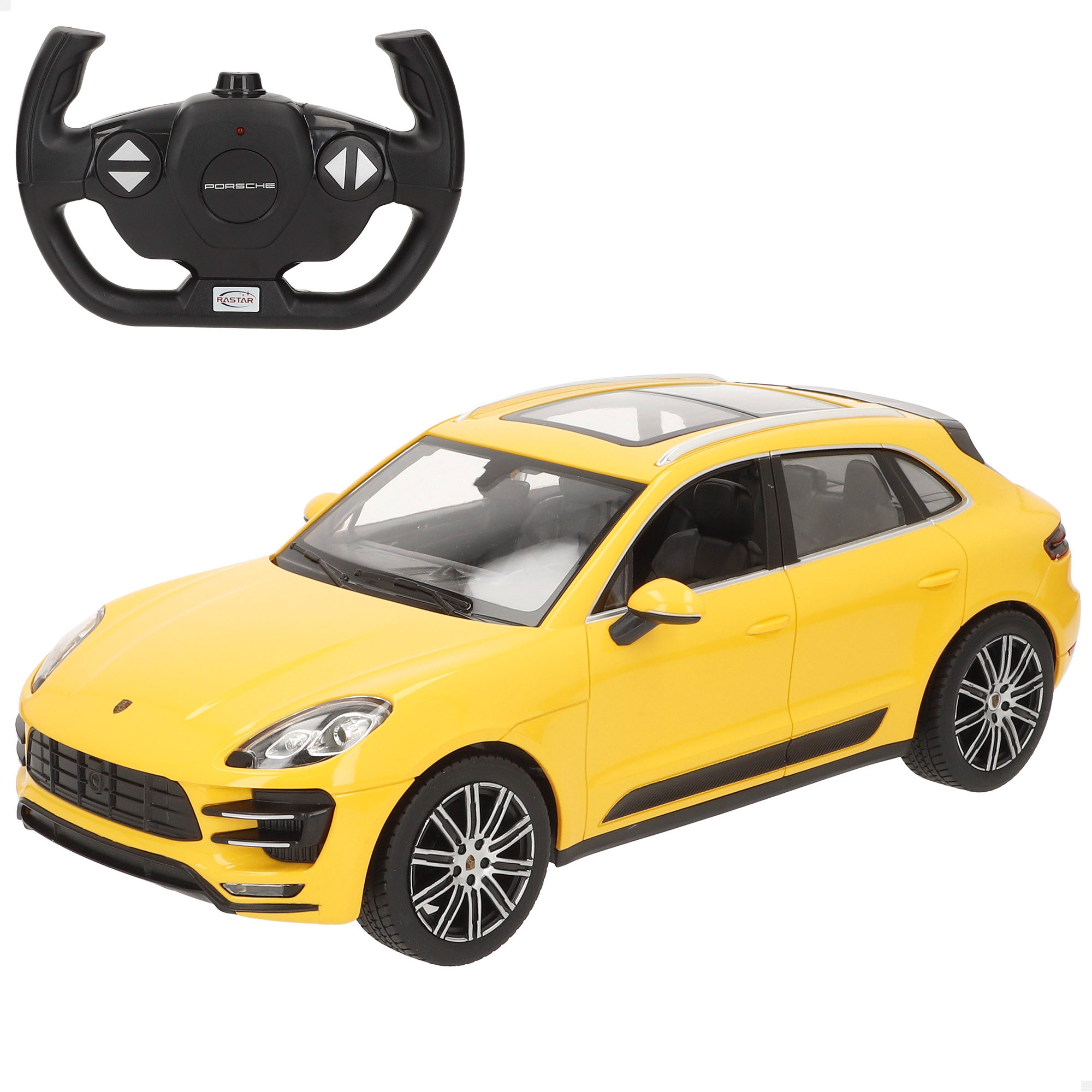 RASTAR - Coche teledirigido, Porsche Macan Turbo, color amarillo, escala 1:14, 6 movimientos conducción, licencia oficial, luces LED, juguetes para niños de 6 años, coche radiocontrol