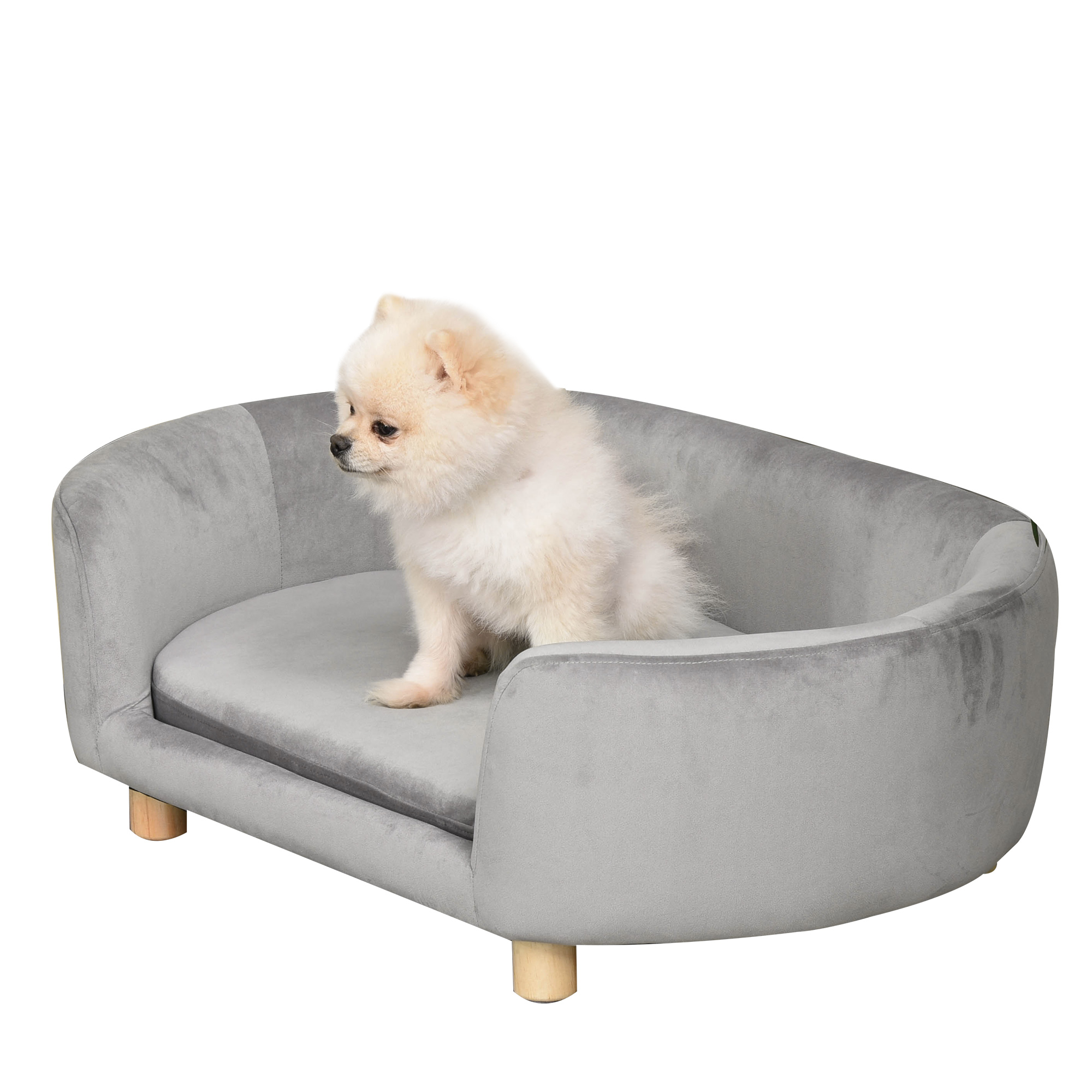 PawHut Sofá para Perros Pequeños, Cama para Perros Elevada con Patas de Madera, Cojín Desmontable y Funda Lavable, Carga 10 kg, 86x55x33 cm, Gris Claro