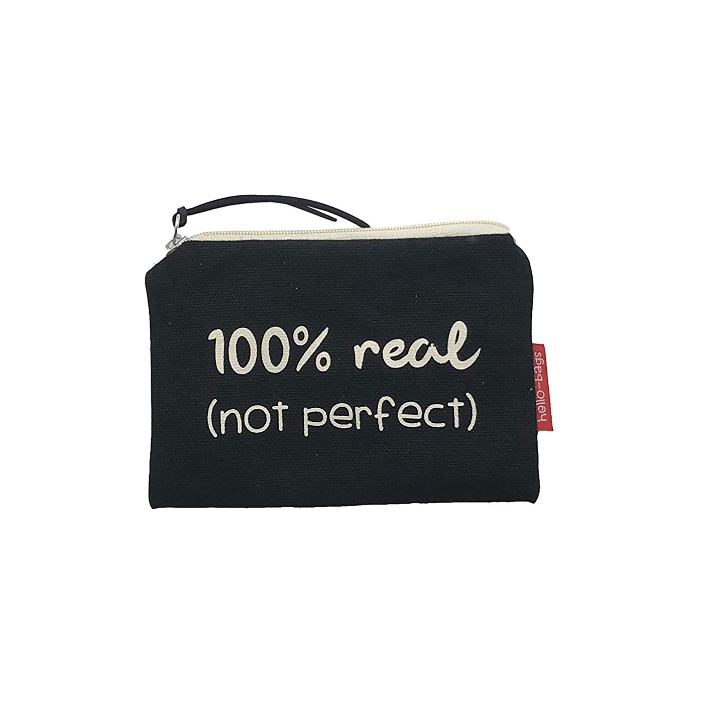 Hello-Bags. Bolso Monedero / Billetero / Tarjetero con cremallera y forro interior. Exterior: Algodón 100%. Incluye sobre kraft de regalo. Modelo: "100%REAL". Crudo / Negro. 14x10 cm.