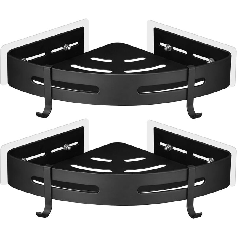 OmHO Estante de esquina de ducha de metal (2 unidades), sin taladrar, con 2 ganchos, soporte autoadhesivo inoxidable para baño (negro)