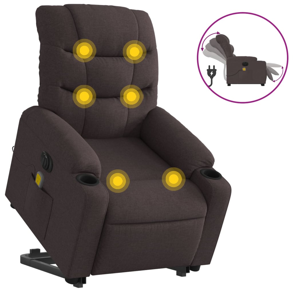 vidaXL Sillón masaje eléctrico reclinable elevable tela marrón oscuro