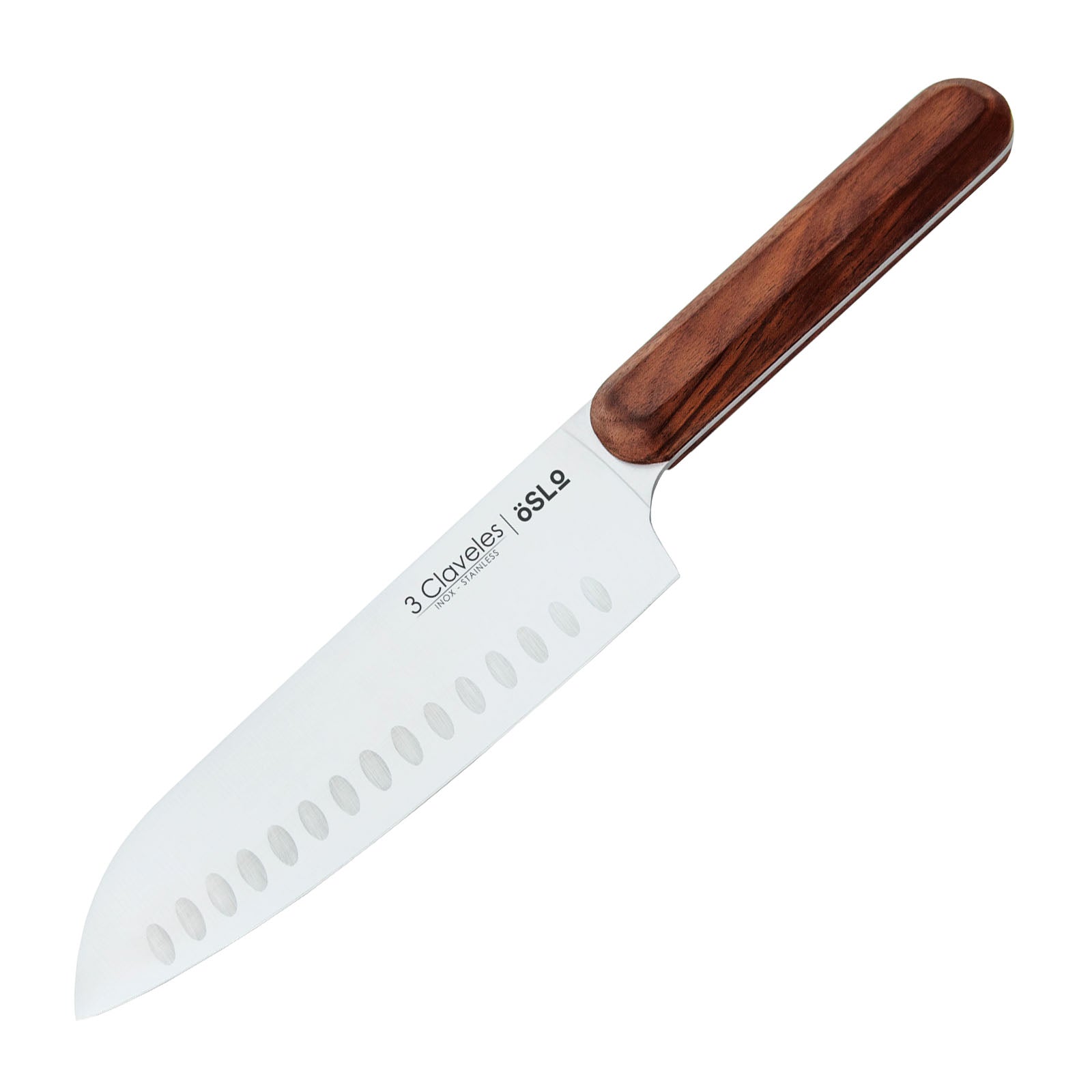 3 Claveles Oslo - Cuchillo Santoku 17.5 cm Acero Estampado y Mango Madera de Nogal