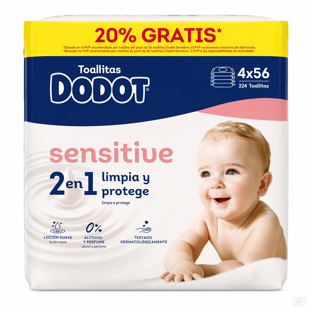 Dodot 224 toallitas Sensitive 2 en 1  0% Alcohol 3 x 4 x56