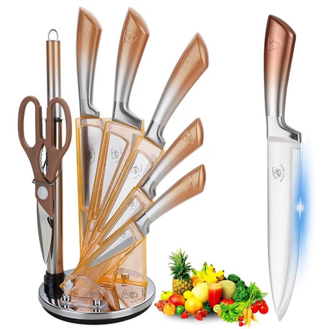 Royal Swiss - Stainless Steel Cooking Knife Set 8 Pieces with Graphite-Infused Blades, Ergonomic Handles, Professional-Grade Kitchen Cutlery Set Including Chef, Paring, Bread Knives