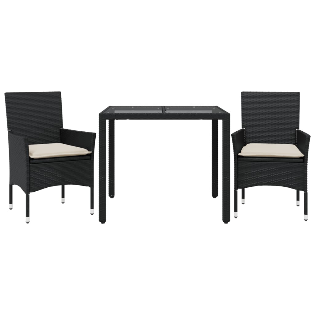vidaXL Set comedor jardín 3 pzas cojines ratán sintético vidrio negro