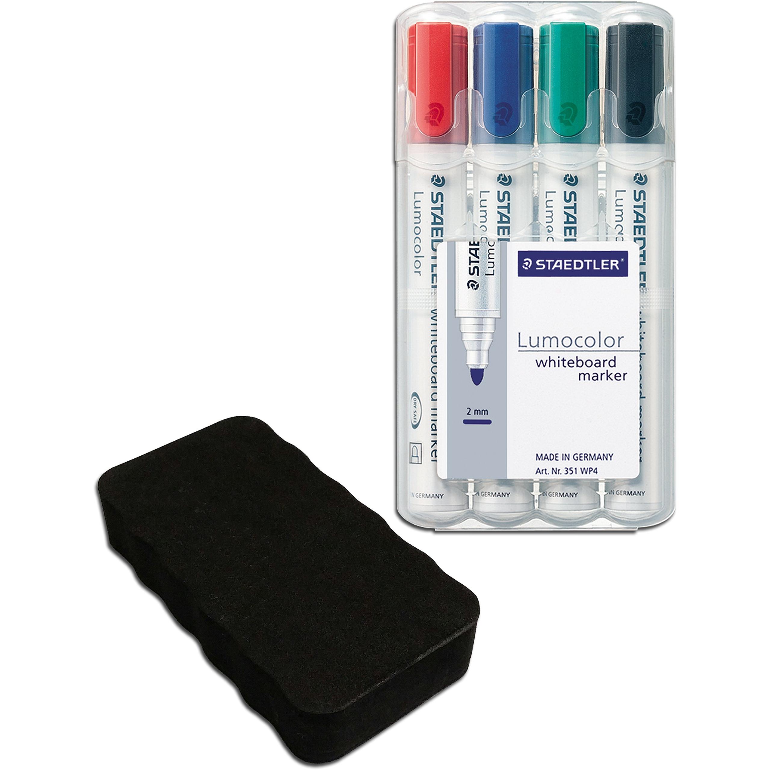 Staedtler Lumocolor 351 WP4 Rotuladores para pizarra blanca, 4 unidades, en caja con borrador (rotuladores + borrador negro, 1)