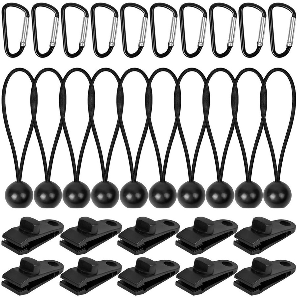 Abrazaderas para lonas - Abrazadera para tiendas de campaña - 10 piezas - Clips para lonas - Clip para toldos de camping - Con 10 tensores elásticos y mosquetones en forma de D - Tensores de tienda de campaña con bola - Abrazaderas para lonas/lonas/banner