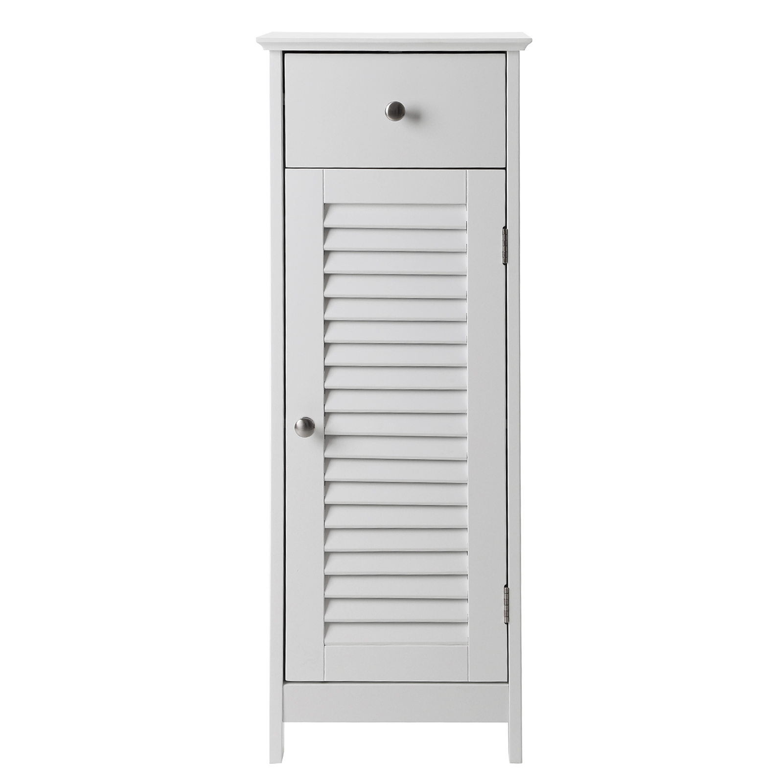 VASAGLE Armario de Baño, Armario de Pie, Almacenamiento de Baño, Marco de Madera con Puerta de Persiana, Cajón, Tablero de MDF, Blanco