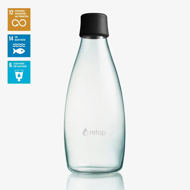 Botella de Agua, Ecológica, de Vidrio de Borosilicato, marca RETAP de 0,8 L con Tapón y Caja de Regalo