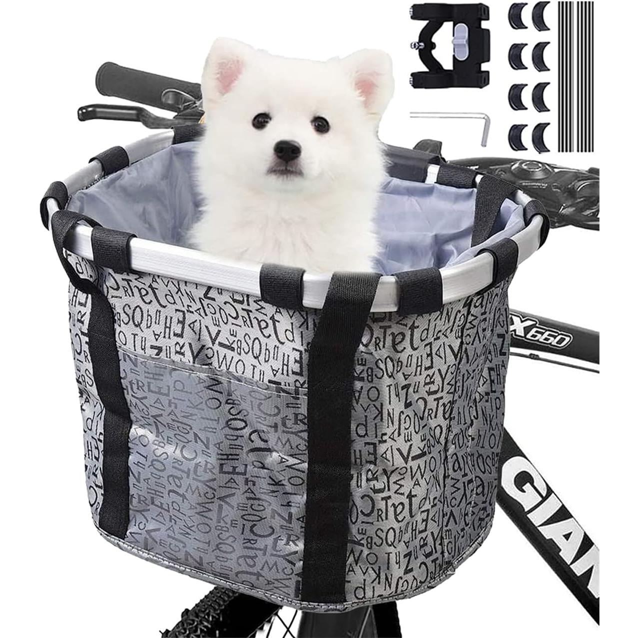 CA Cesta para Bicicleta, cesta extraible para manillar de Bicicleta, cesta de Lona para Bicicleta, Bolsa de Transporte para mascotas, aleación de Aluminio para Cycling de Montaña, picnic, compresas,IT Mascota (Letra gris)
