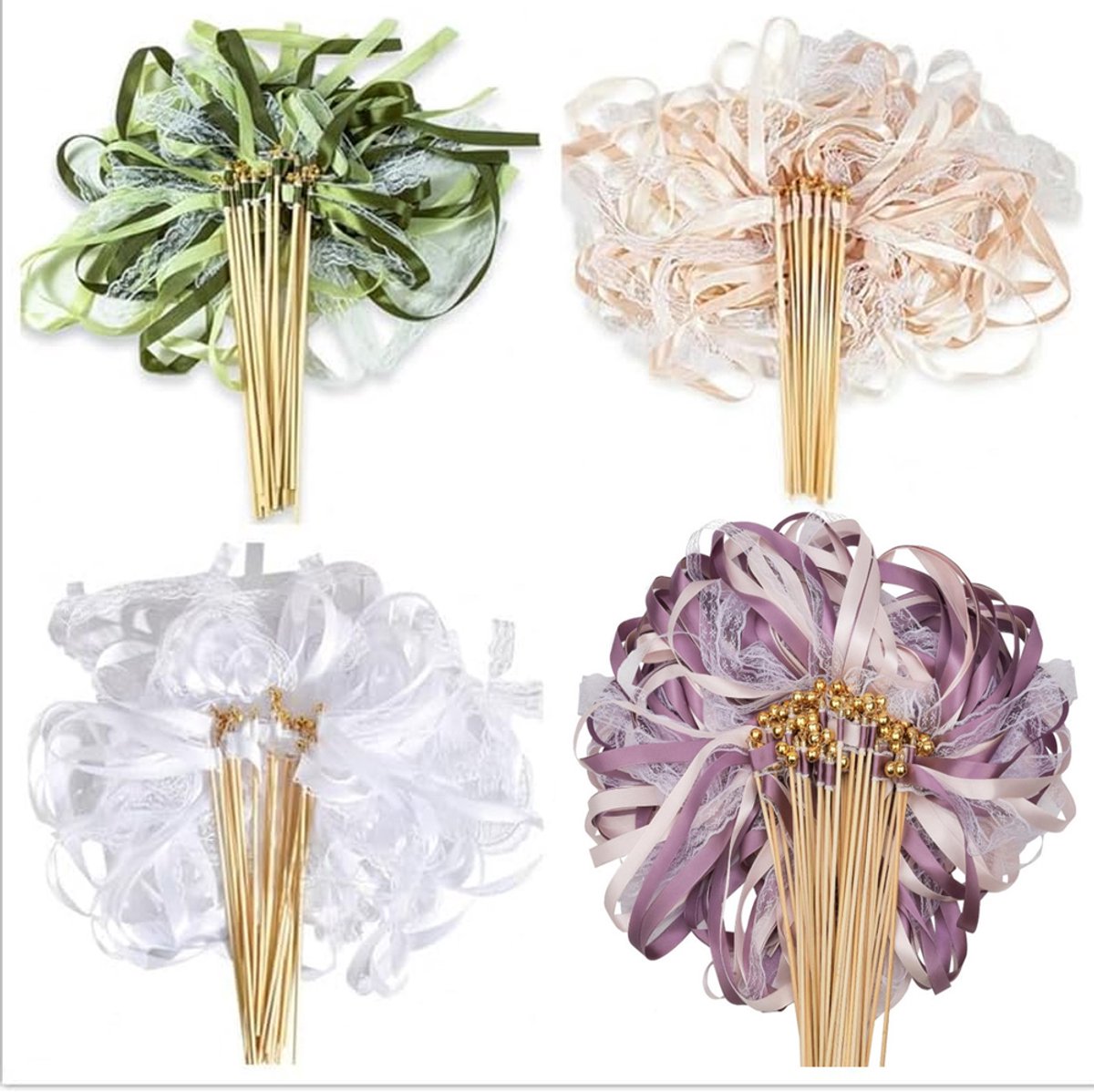 Cintas de colores - 40 piezas - Varitas mágicas de cintas de colores - 10 piezas de 4 diseños cada una - Varitas mágicas - Decoración para fiestas y bodas - Decoración para fiestas - Verde, champán, blanco, morado
