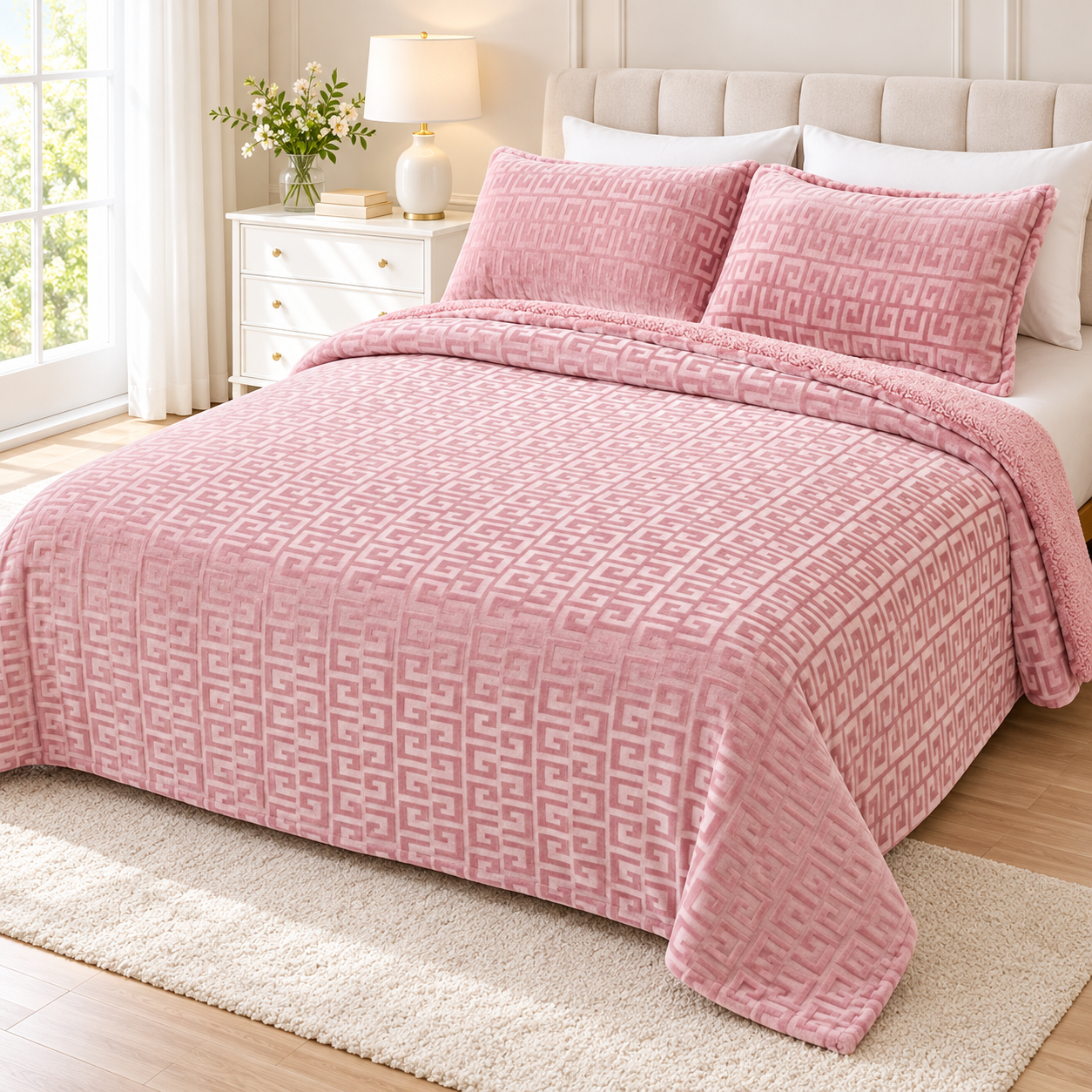 Manta Edredón para Cama con Fundas de Almohada, Diseño Geométrico en Relieve, Reverso de Borreguillo, Tejido de Poliéster, Suave y Cálida, para Camas de 90, 135 y 150 cm