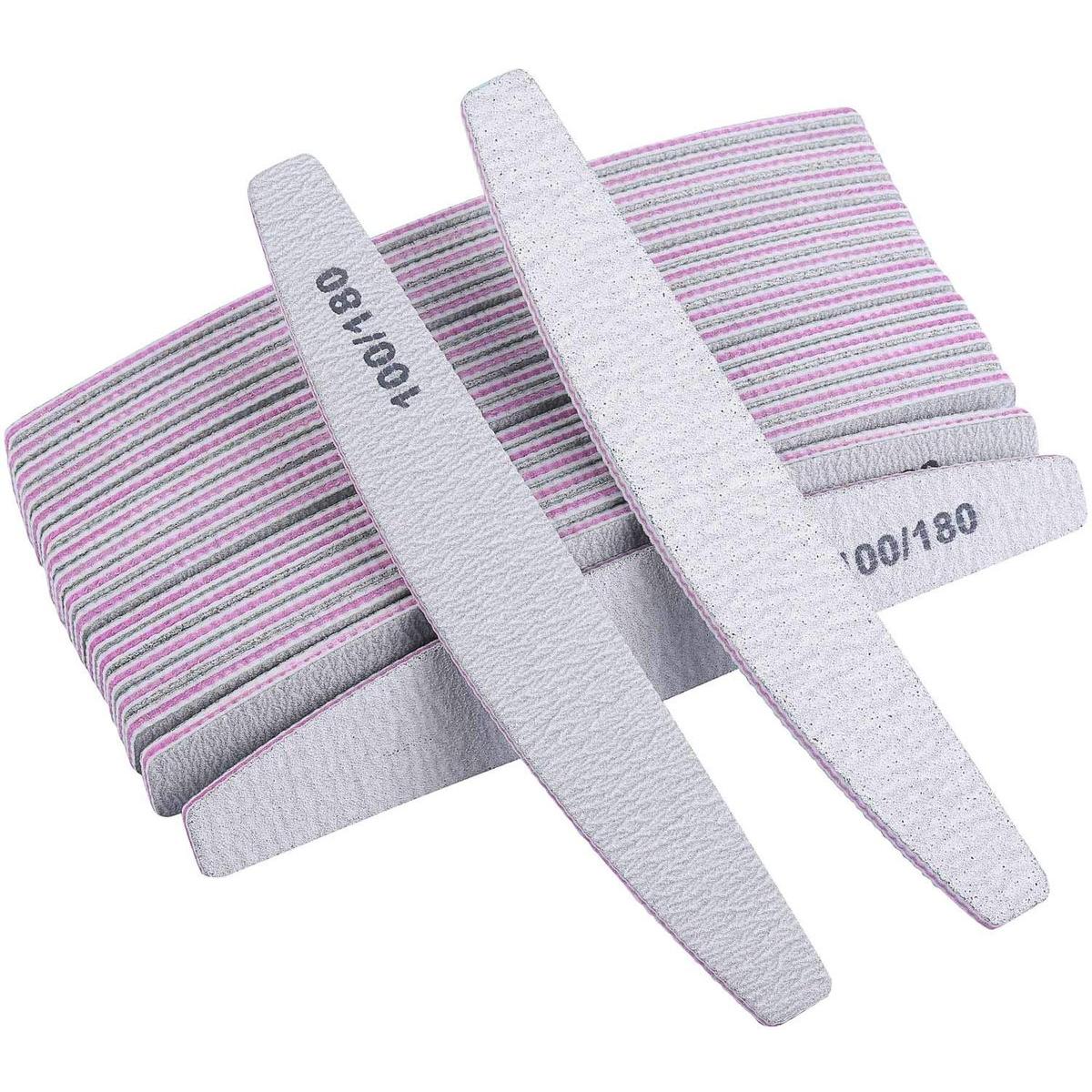25 piezas - Grano 100/180 - Lima de uñas profesional - Lima de uñas - Papel de lija de doble cara reutilizable de alta calidad - Herramienta de manicura - Para uñas naturales y artificiales - Para uso doméstico y profesional - Forma de media luna