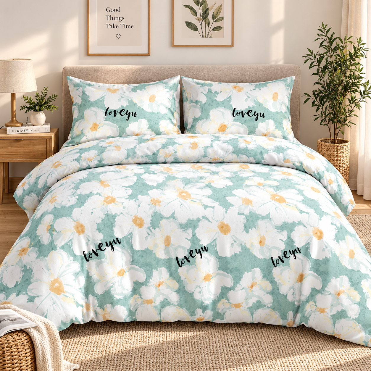 Juego de Funda Nórdica 4 Piezas con Diseño Floral, Incluye Funda de Edredón con Cremallera, Sábana Bajera Ajustable y 2 Fundas de Almohada, Juego de Cama Suave y Cómodo para Cama 135/150 cm