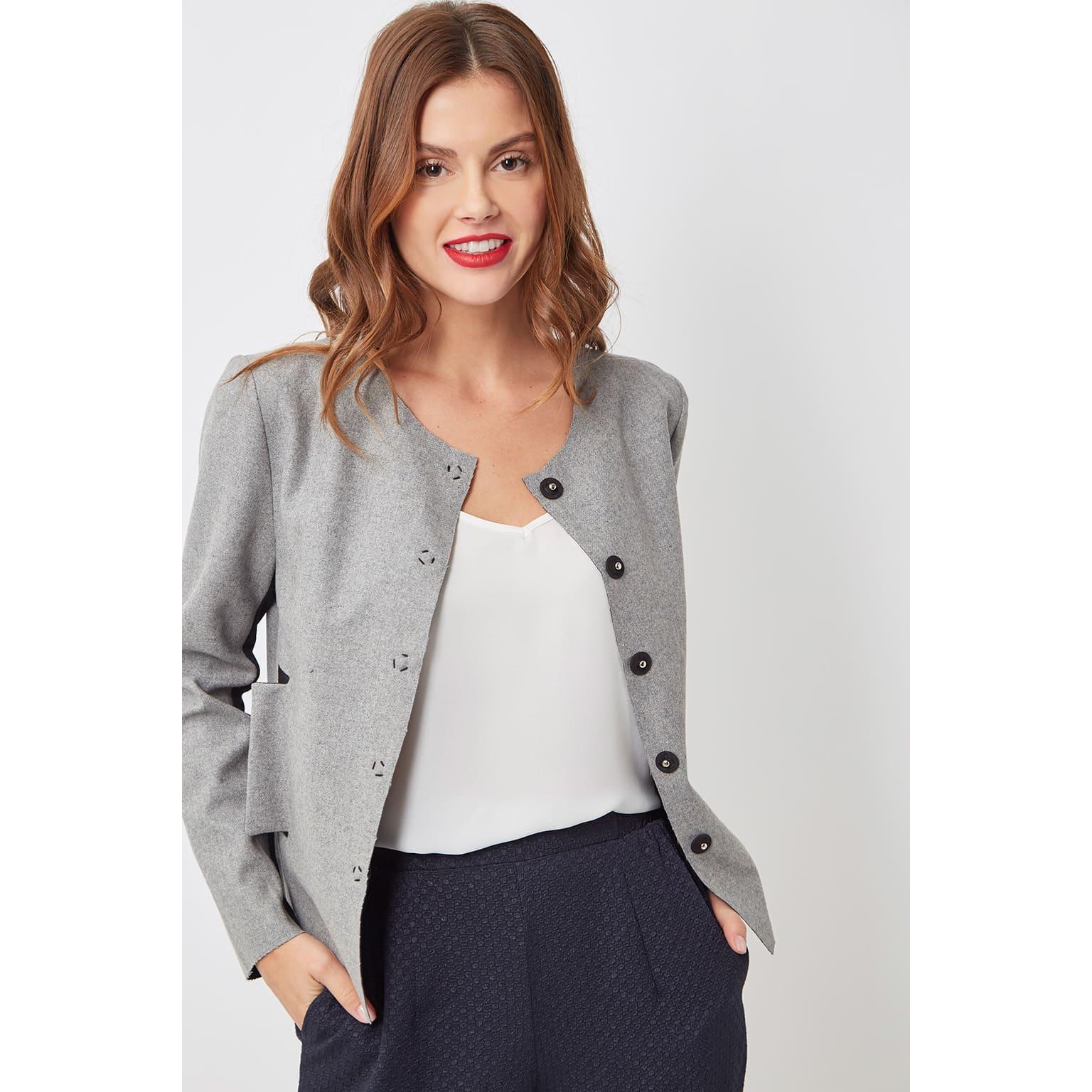 Chaqueta mujer gris sintética, abrigo paño, blazer manga larga, cuello redondo, bolsillos laterales, cierre corchetes, elegante y cómoda, talla 36, estilo versátil otoño invierno ✅Entrega 24/48h