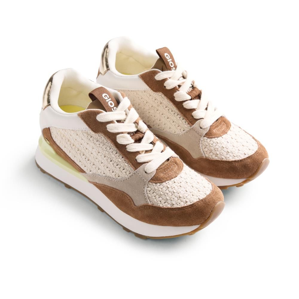 Zapatillas de Mujer en Tejido Beige y Ante Marrón, Cuña Interna Mediana 5 cm - GIOSEPPO