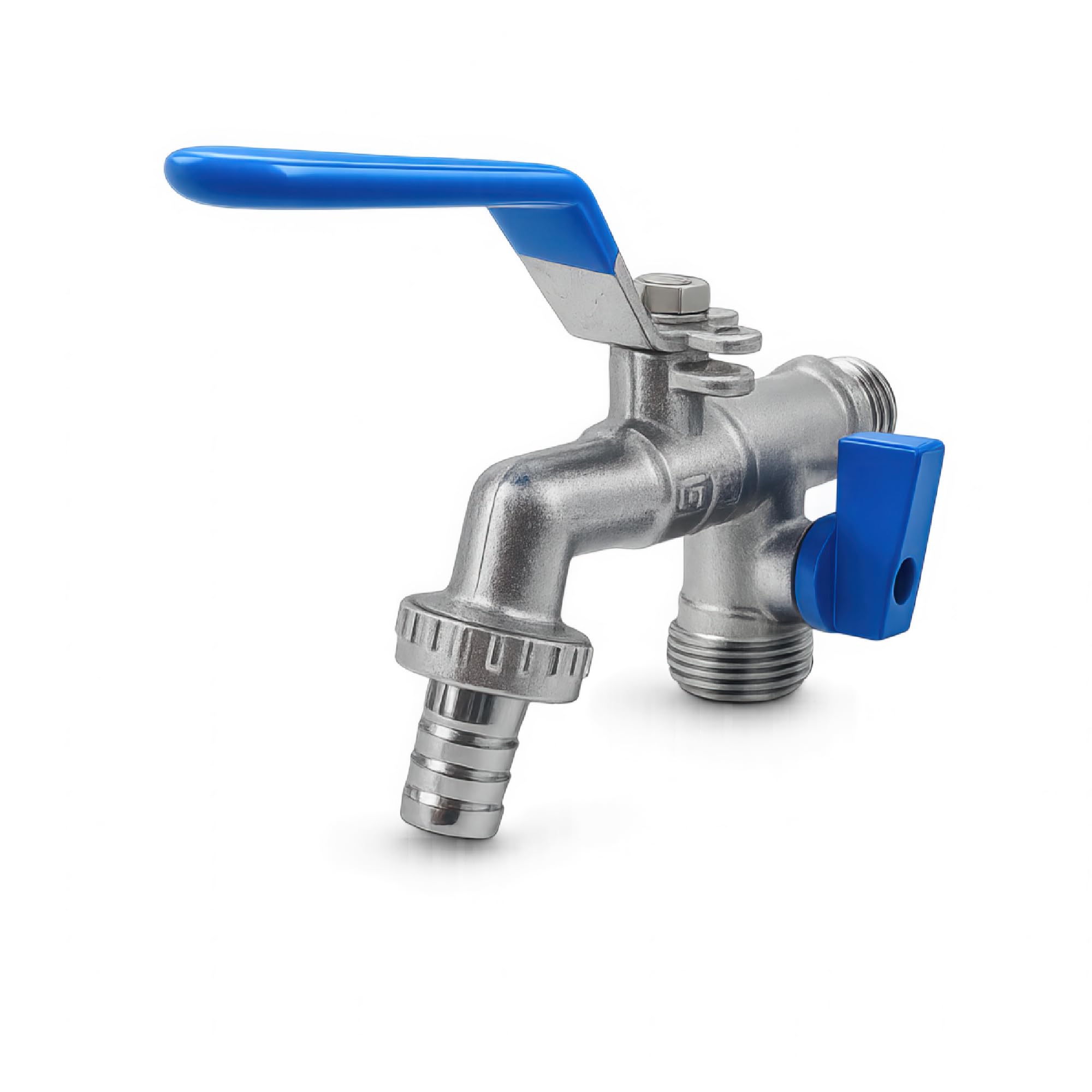 Grifo de Jardin Dos Salidas para Manguera Laton Cromado Dos Salidas 1/2 3/4 con Sistema Gelock Bloqueo Candado Palanca Azul para Jardin Terraza Riego Exterior Control Independiente Agua Uso Domestico