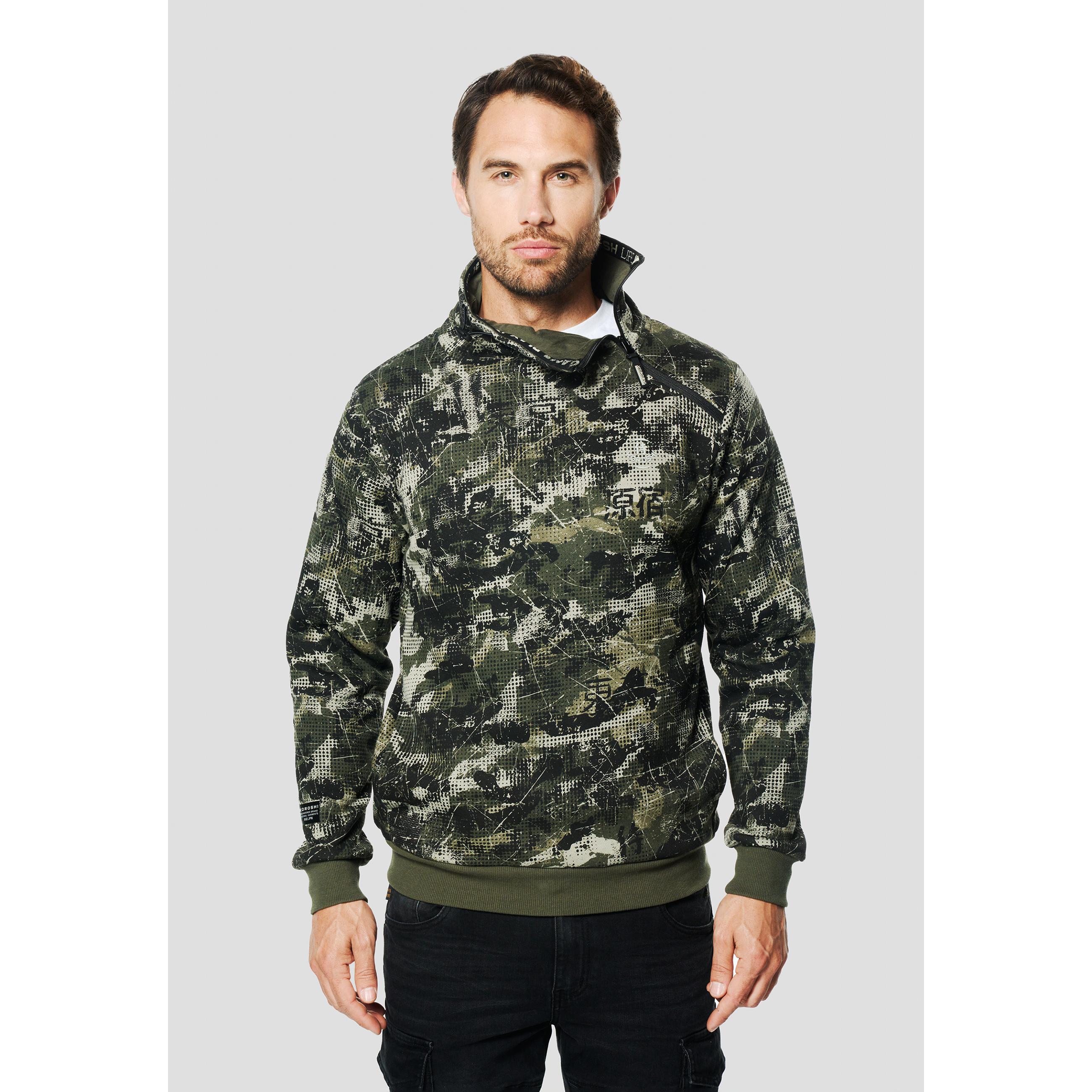 Koroshi - Sudadera hombre cuello alto con media cremallera estampado camuflaje de algodón y poliéster 60/40 para entretiempo y otoño