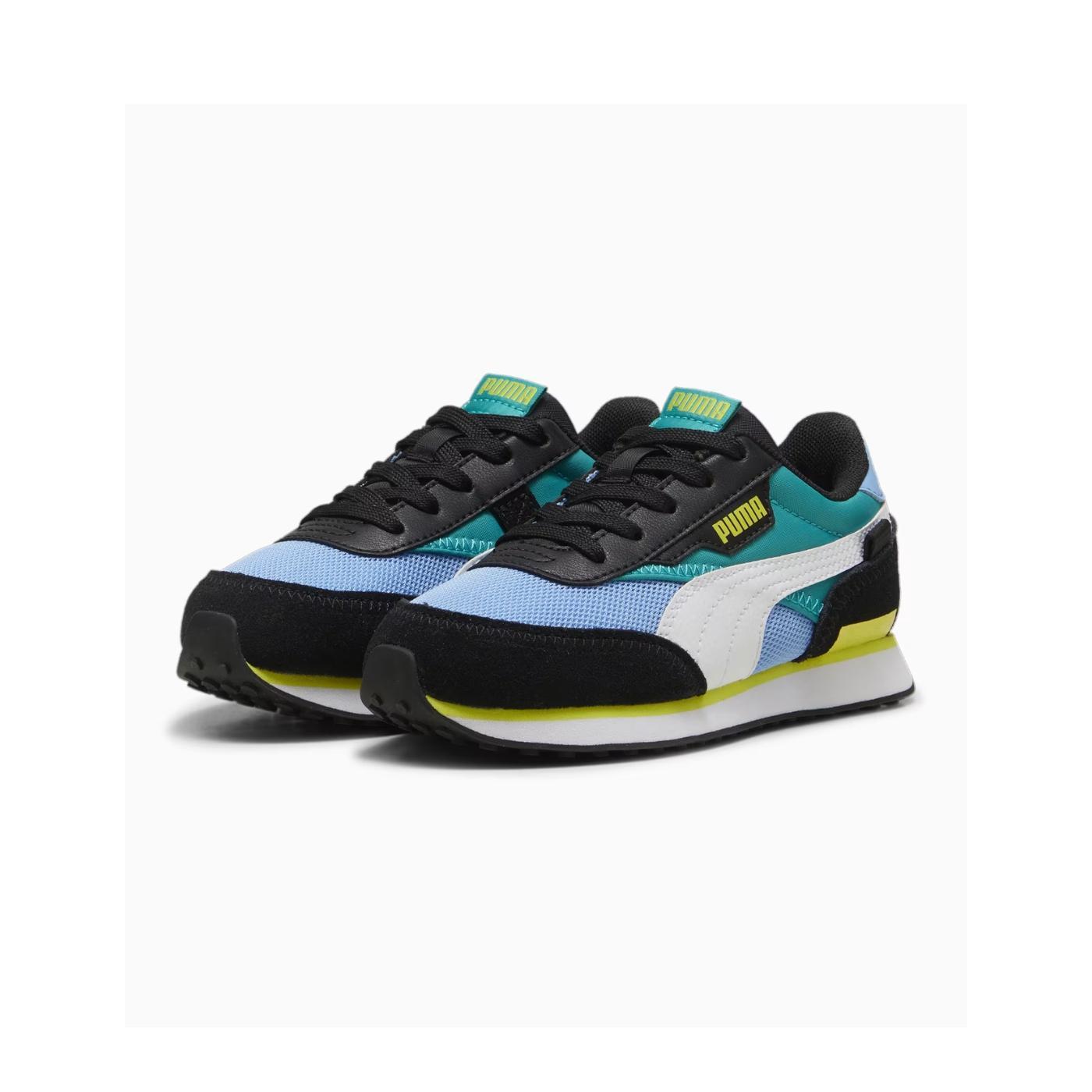 Zapatillas puma future rider splash azul verde de niño.