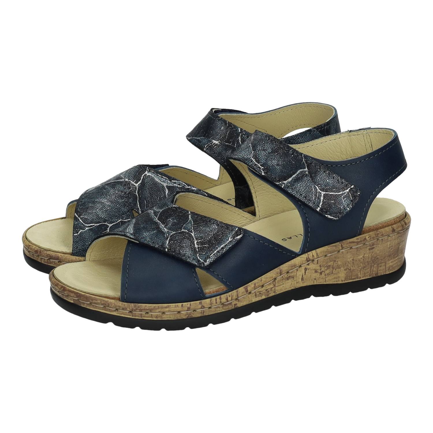 Sandalias marca DOCTOR CUTILLAS para mujer en color marino. Sandalias mujer azul marino con cuña efecto corcho y cierre ajustable Doctor Cutillas