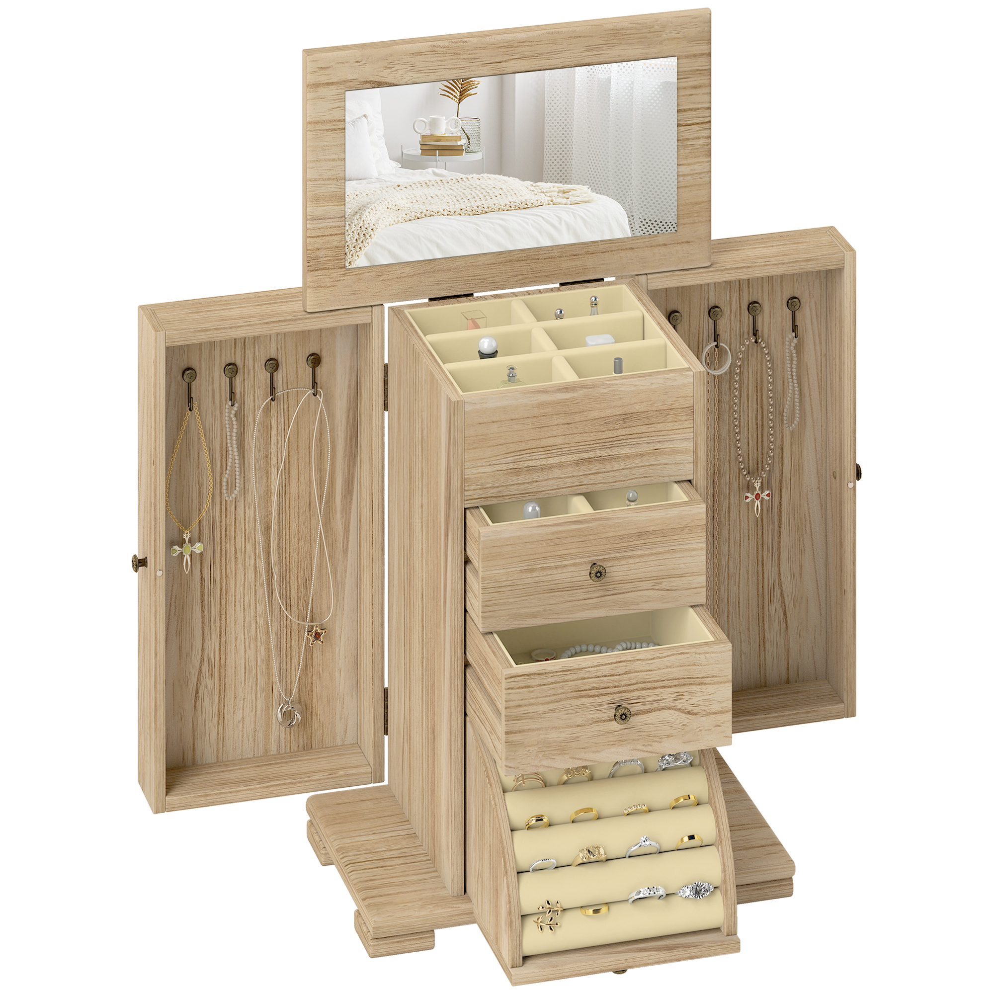HOMCOM Caja Joyero de Madera de 4 Niveles, Joyero Mujer Organizador Grande con 2 Cajones, Espejo, Puertas Laterales Giratorias con Ganchos, para Pendientes, Anillos, Collares, Natural