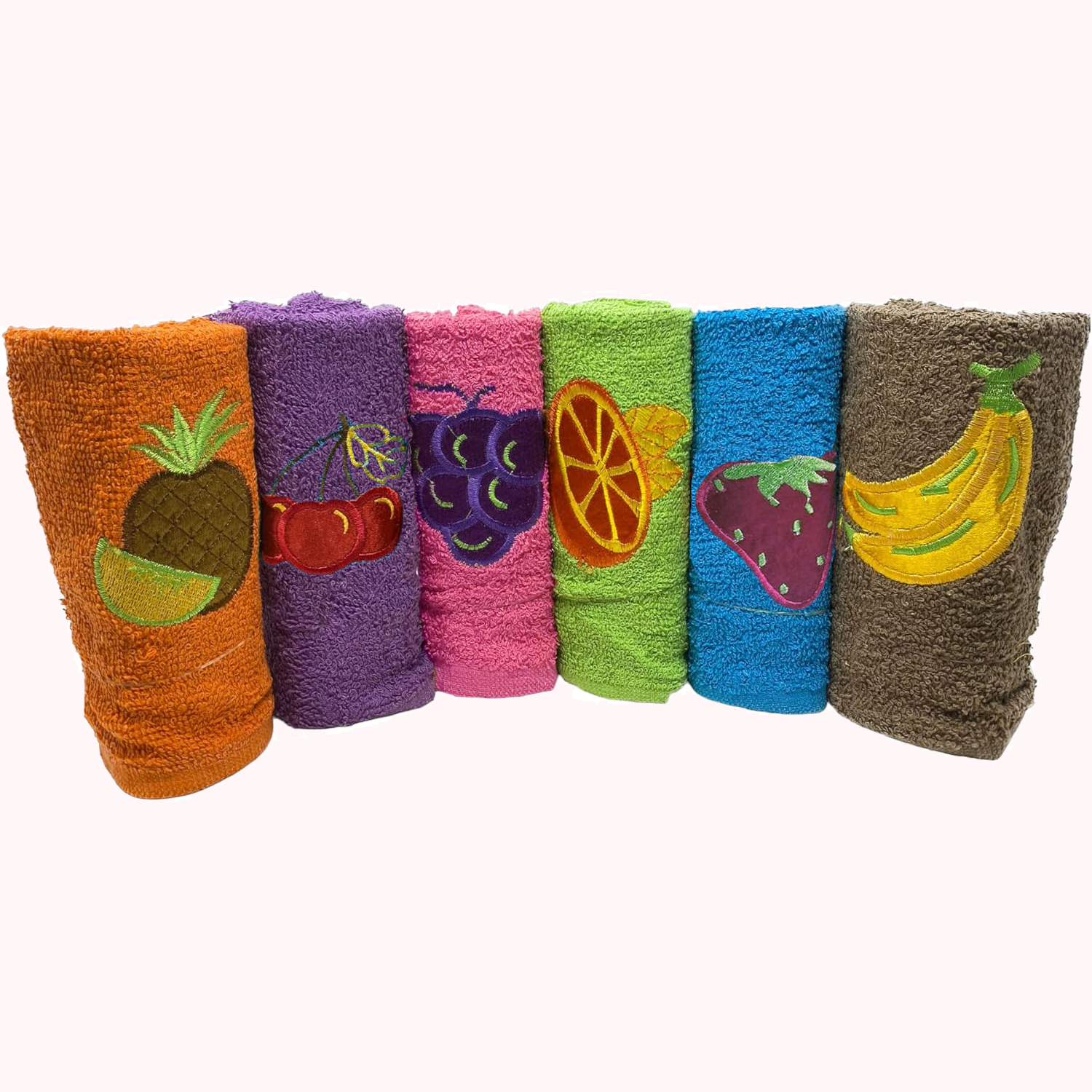 Pack de 6 Paños de Cocina 100% Algodón 50x50 cm – 500 gr/m² Extra Gruesos, Muy Absorbentes y Duraderos – Toallas de Rizo Suaves con Bordados de Frutas – Trapos Resistentes para Secar, Limpiar y Abrillantar – Sin Colgador