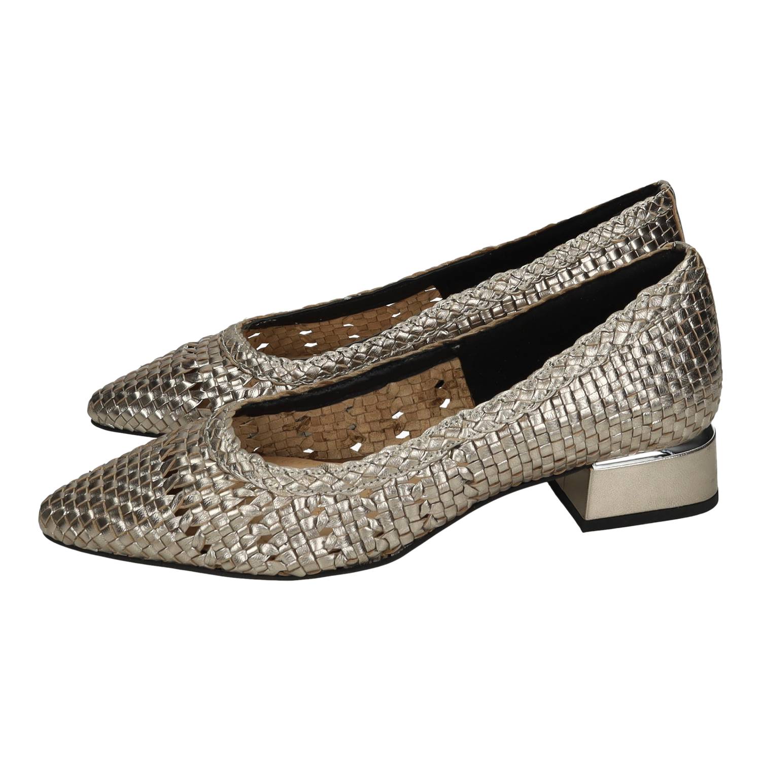 Zapatos Tacón marca GIOSEPPO para mujer en color plomo. Calzado de salón de piel dorado trenzado artesanal, tacón bajo cómodo, plantilla acolchada y piso flexible
