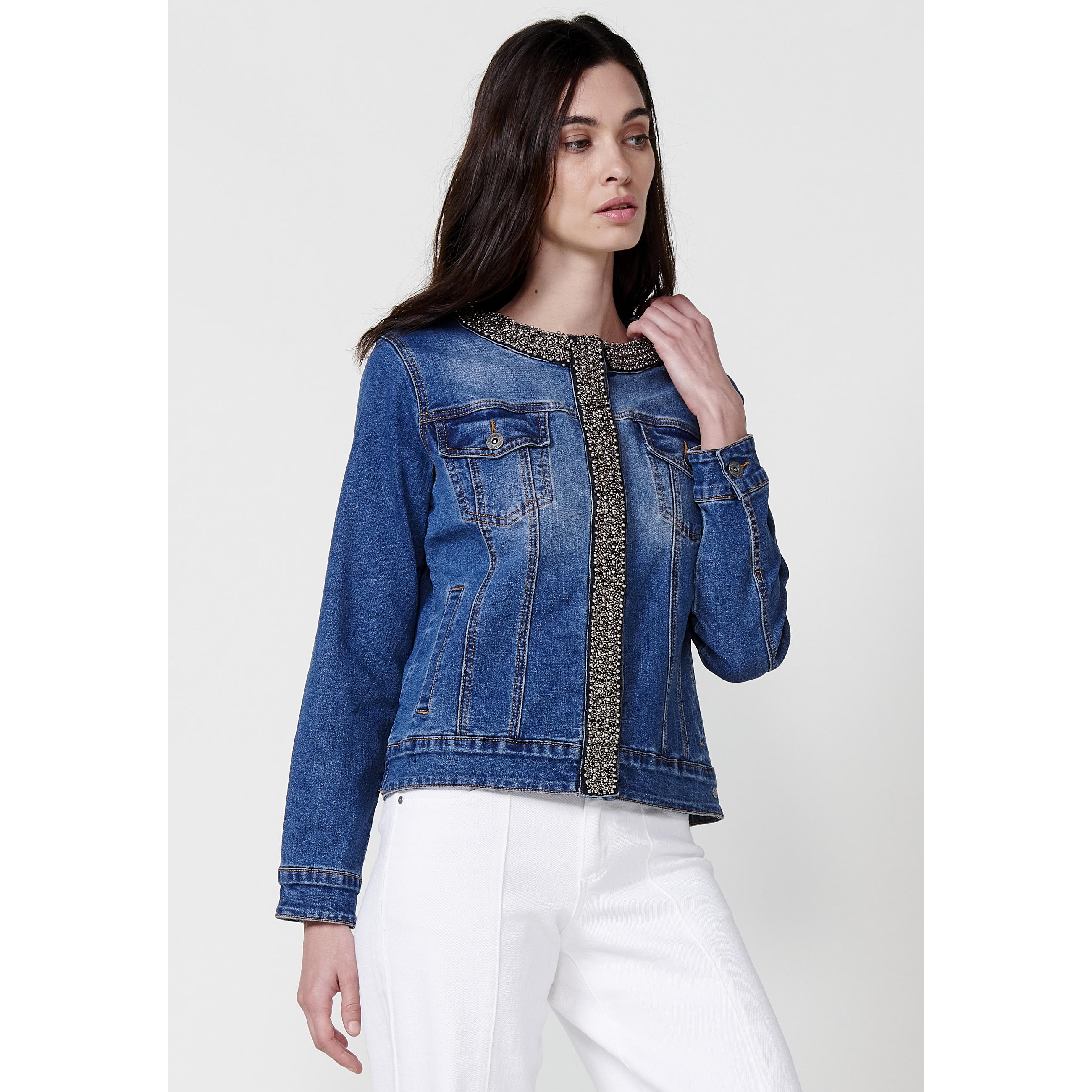Koroshi Chaqueta vaquera Mujer denim cuello redondo con pedrería manga larga – Koroshi denim oscura