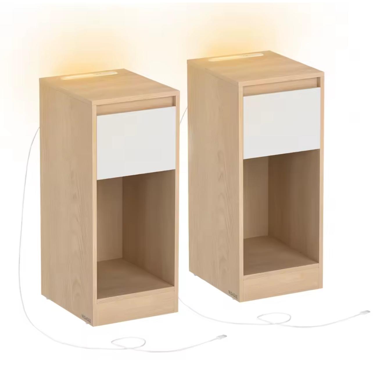 ORION91® - Pack de 2 - Mesita de noche estrecha con estación de carga, iluminación LED, 1 puerto USB-A y 1 USB-C y cajones - spaziOrion91