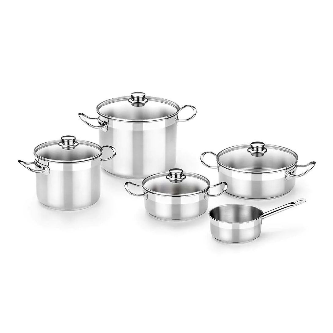 Bra - Batería de Cocina 5 Piezas Profesional con Tapa de Cristal, Acero Inoxidable, Apta Inducción, 2 Cacerolas, 1 Cazo, 2 Ollas Altas