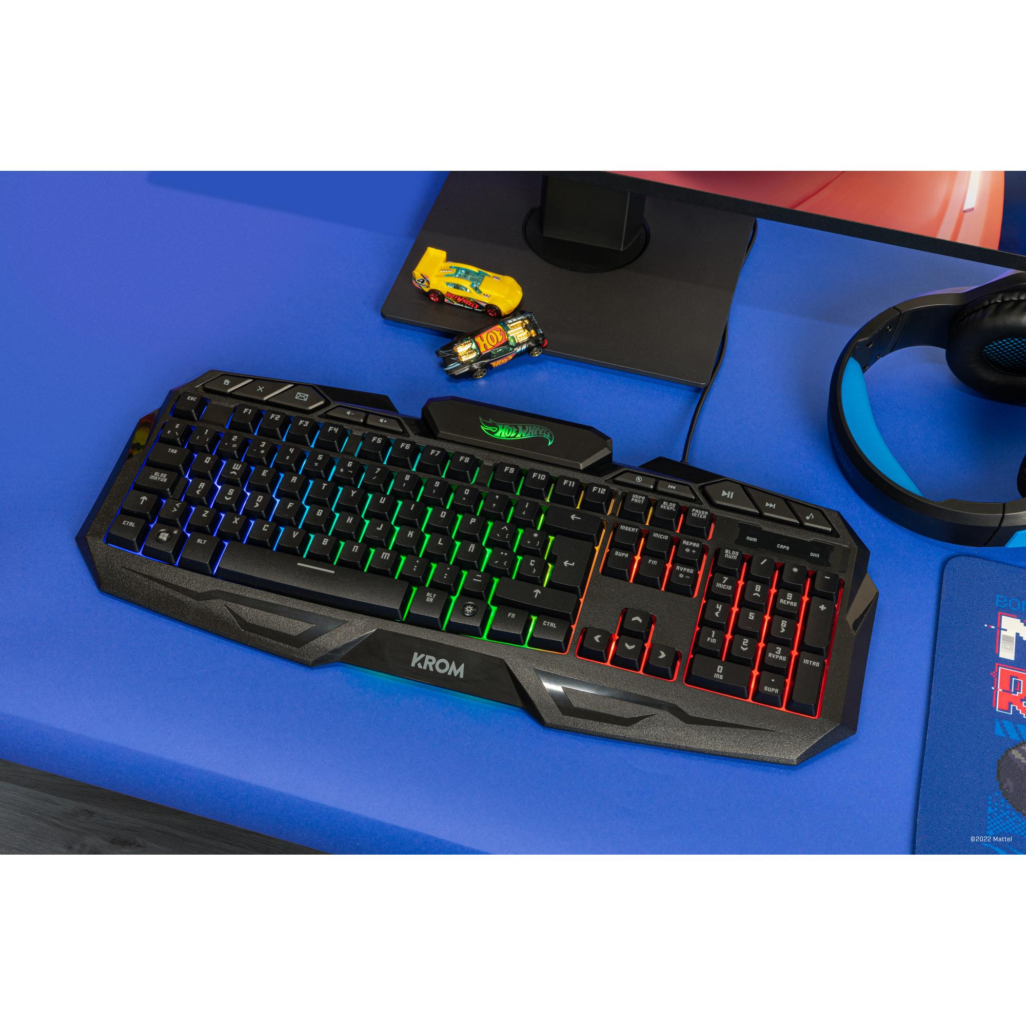KROM Kit teclado, ratón y alfombrilla edición Hot Wheels KUSTOM- Teclado membrana RGB, Ratón 7200 DPI, alfombrilla tela, negro