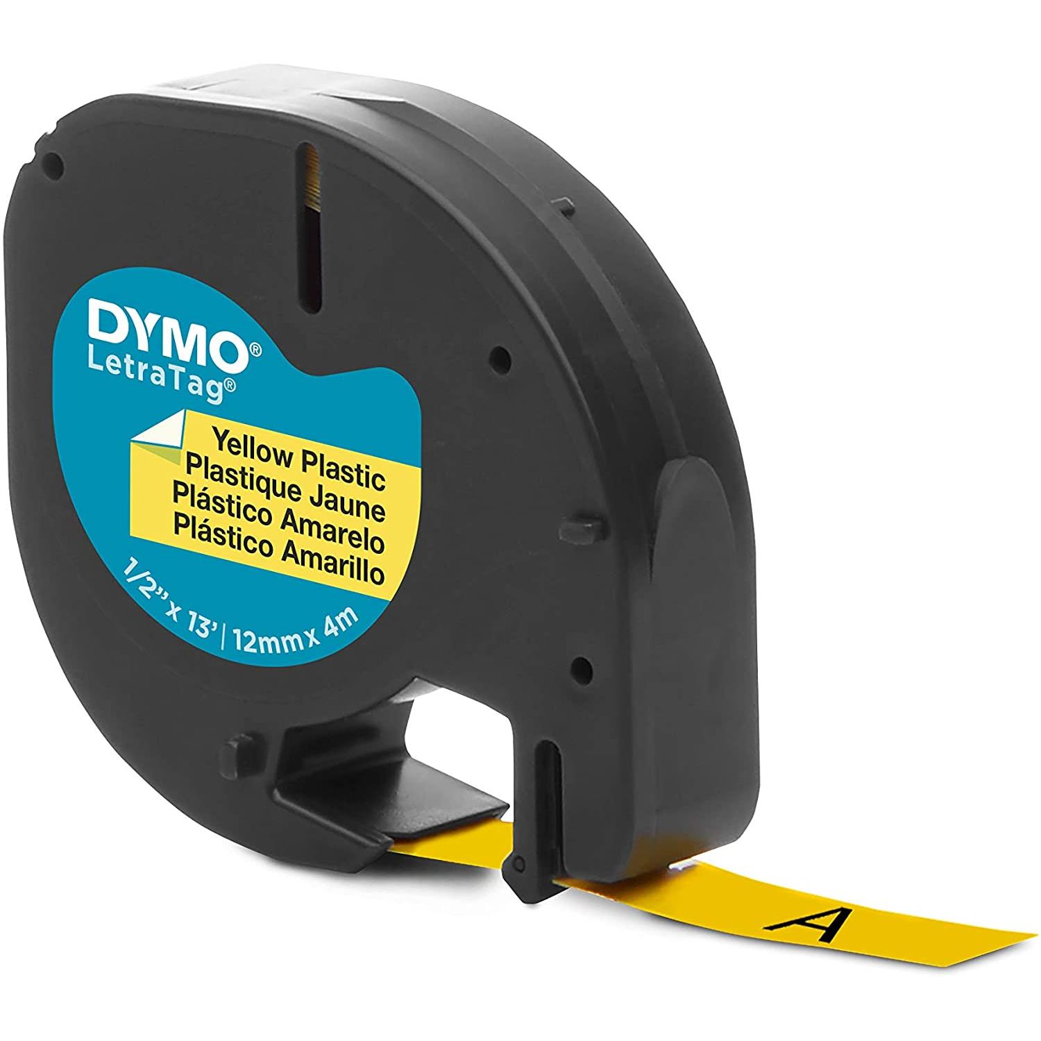 Dymo letratag s0721620 cinta de etiquetas original para rotuladora - texto negro sobre fondo amarillo - ancho 12mm x 4 metros (91202)