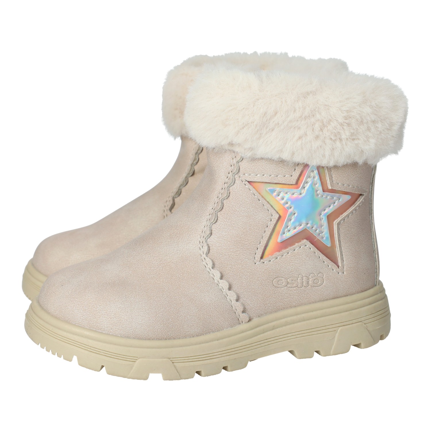 Botas-botines marca OSITO para niña en color beige. Botitas para niñas de la marca Osito by Conguitos, con borde de pelo sintético y cierre de cremallera, piso de goma antideslizante