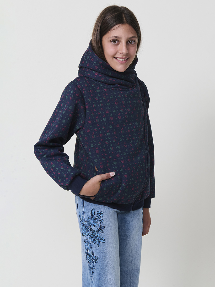 Koroshi - Sudadera con capucha para niña en felpa de algodón elástico, microestampado multicolor y forro oscuro en capucha, color navy