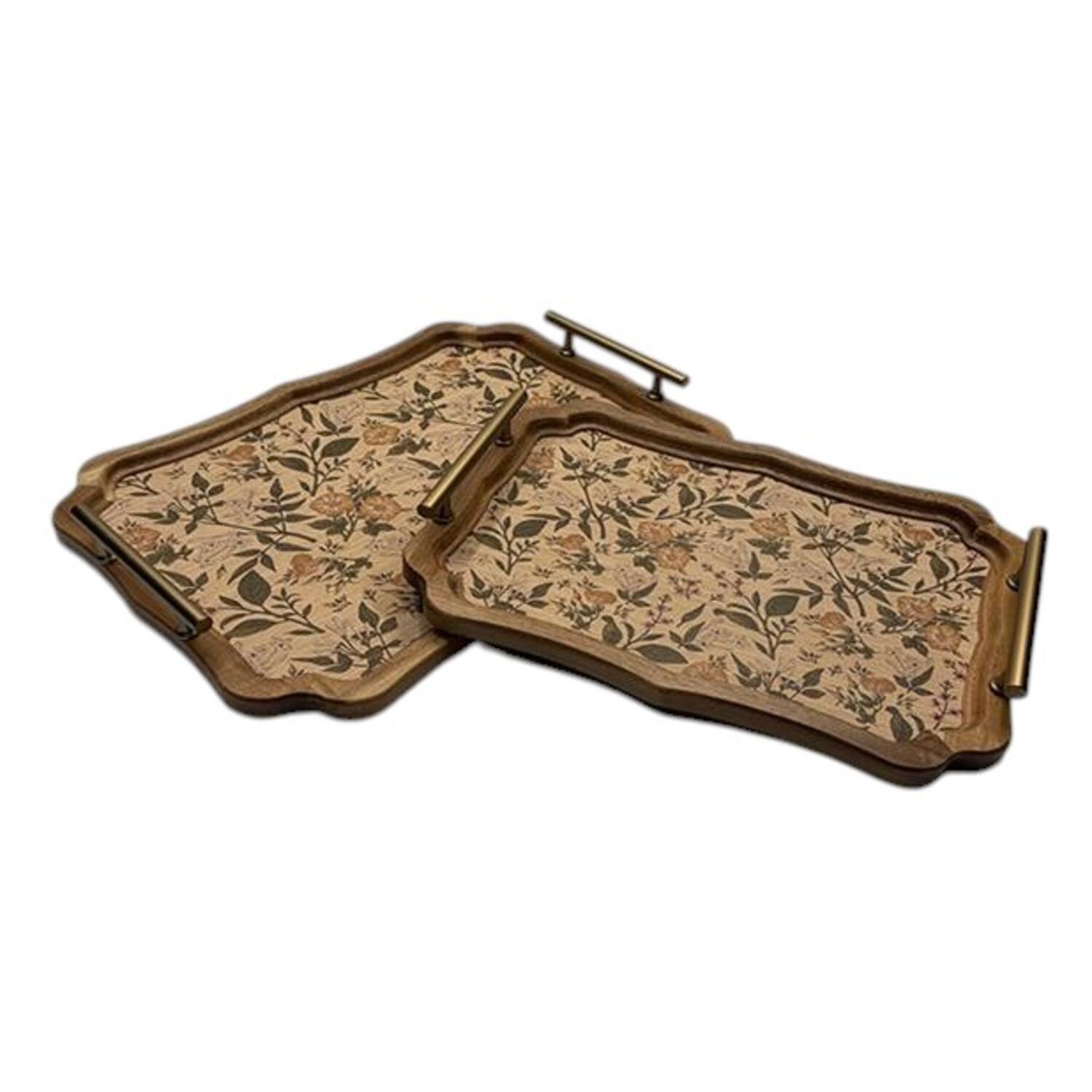 Set de 2 bandejas decorativas, de madera de acacia metal, flores, en color marron, medidas 43x33x5 cm Fijalo