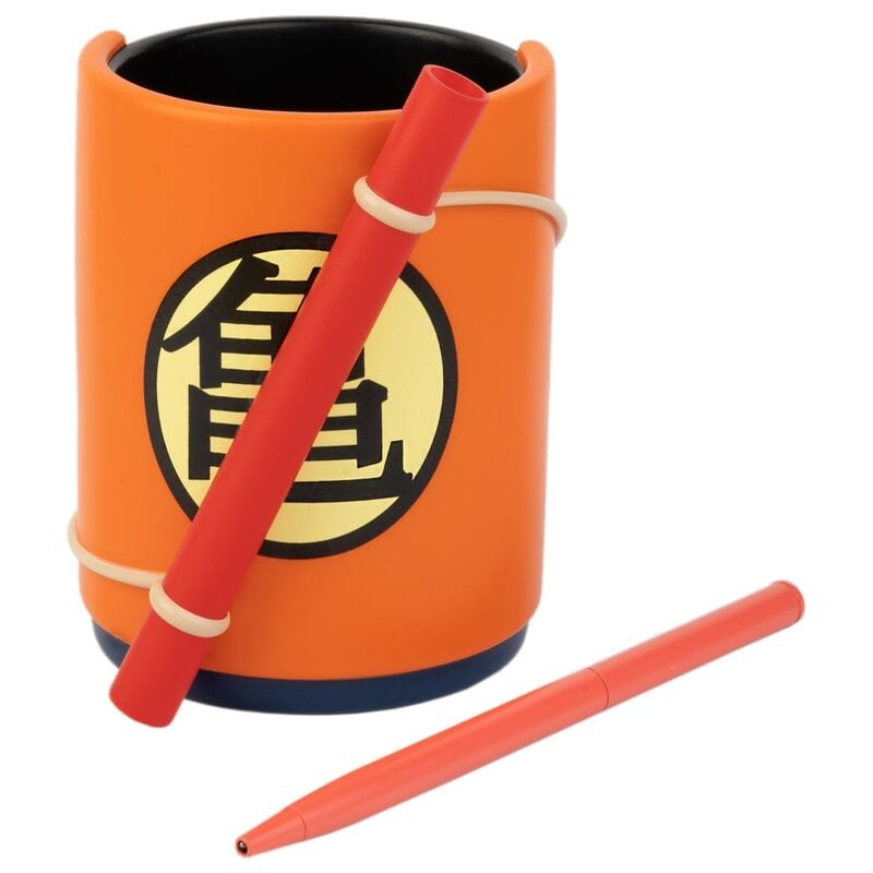 Portalápices Dragon Ball Z, Resina Pintada a Mano, Diseño Capsule Corp y Son Goku, con Compartimentos y Tapa Removible, Incluye Bolígrafo Extraíble, para Escritorio y Regalo