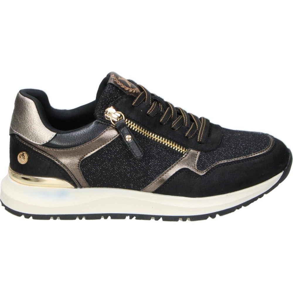 XTI | Zapatos XTI para Moda Joven – Zapatos en Color Negro con Detalles en Dorado – Zapato con Cierre de Cremallera – Ajuste de Cordones – Estilo Casual – Cómodos – Combinables – Versátiles – Modelo 144219
